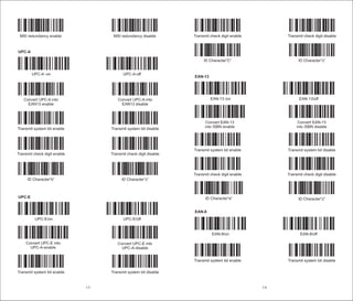 14
Transmit check digit enable Transmit check digit disable
ID Character“C” ID Character“z”
EAN-13
EAN-13 /on EAN-13/off
Convert EAN-13
into ISBN enable
Convert EAN-13
into ISBN disable
Transmit system bit enable Transmit system bit disable
Transmit check digit enable Transmit check digit disable
ID Character“e” ID Character“z”
EAN-8
EAN-8/on EAN-8/off
Transmit system bit enable Transmit system bit disable
13
MSI redundancy enable MSI redundancy disable
UPC-A
UPC-A -on UPC-A-off
Convert UPC-A into
EAN13 enable
Convert UPC-A into
EAN13 disable
Transmit system bit enable Transmit system bit disable
Transmit check digit enable Transmit check digit disable
ID Character“b” ID Character“z”
UPC-E
UPC-E/on UPC-E/off
Convert UPC-E into
UPC-A-enable
Convert UPC-E into
UPC-A-disable
Transmit system bit enable Transmit system bit disable
 