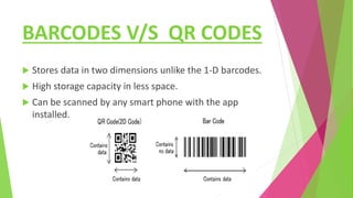 BARCODES V/S QR CODES
 Stores data in two dimensions unlike the 1-D barcodes.
 High storage capacity in less space.
 Can be scanned by any smart phone with the app
installed.
 