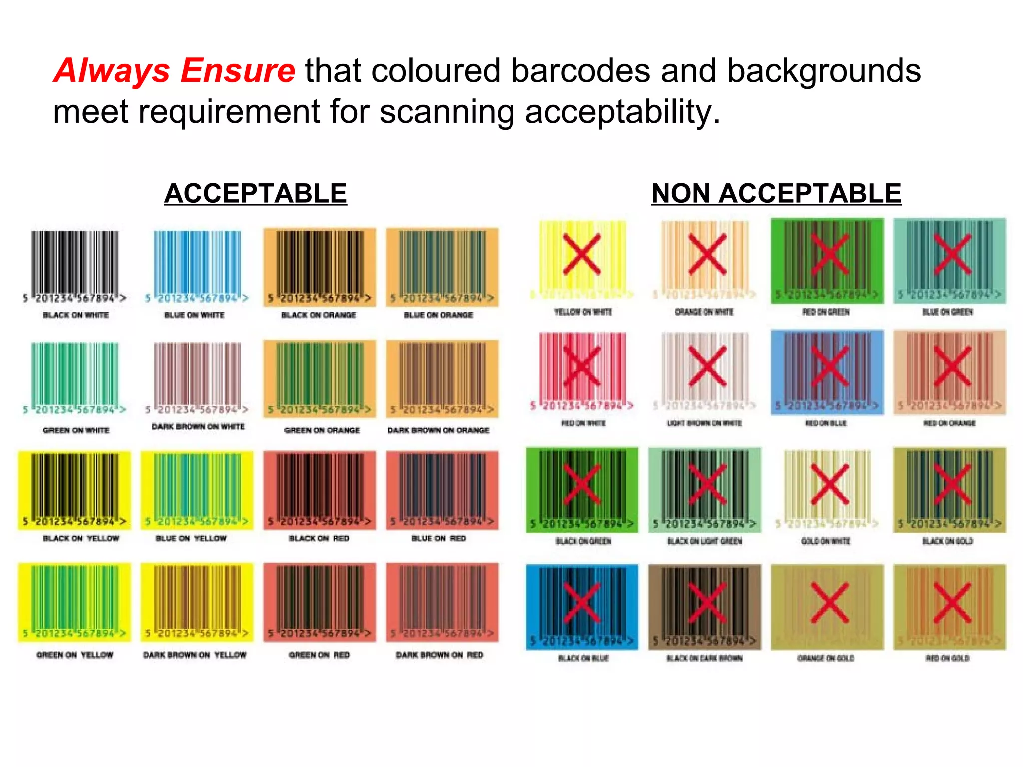 ACCEPTABLE NON ACCEPTABLE
Always Ensure that coloured barcodes and backgrounds
meet requirement for scanning acceptability.
 