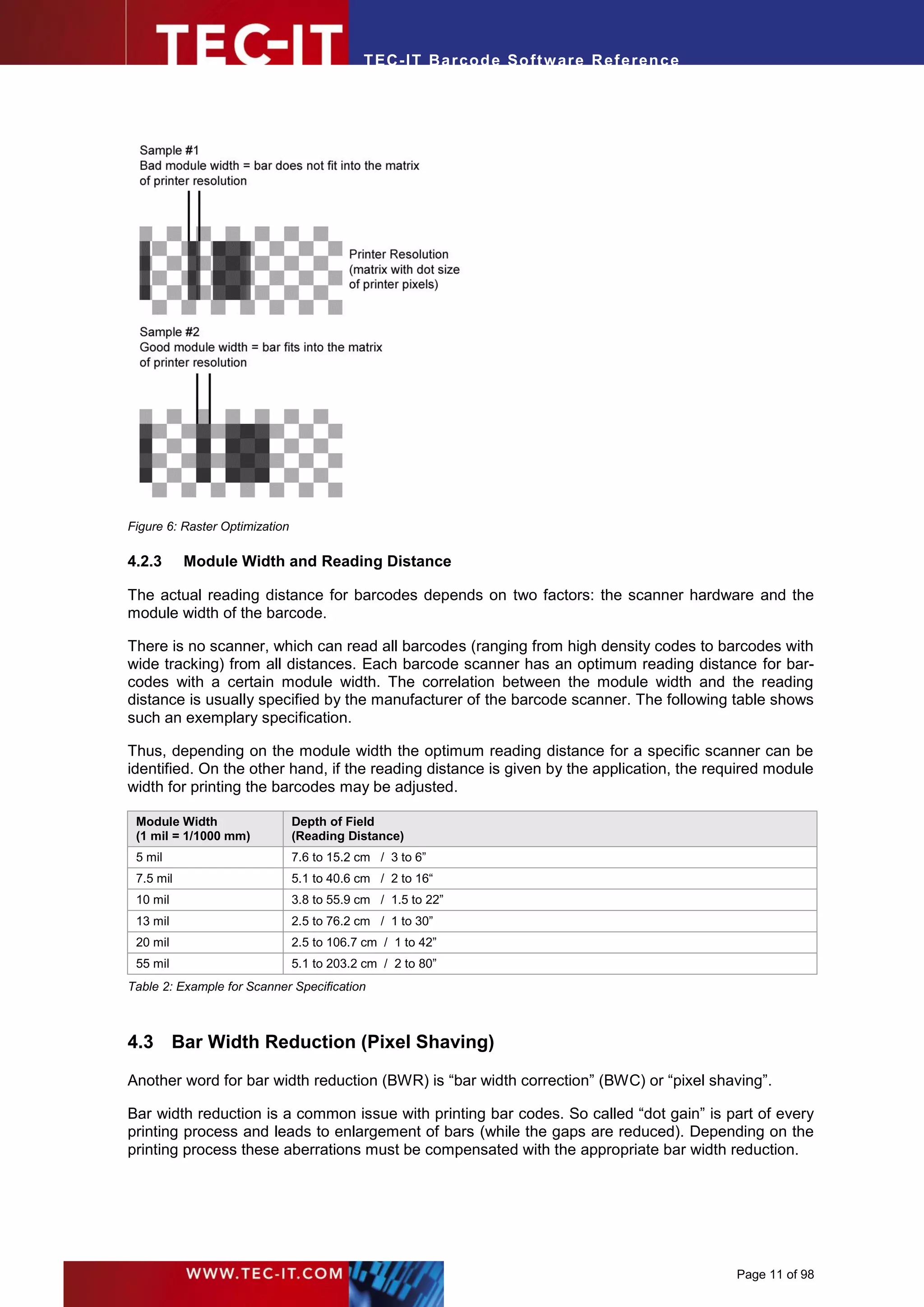 T EC- IT Ba r cod e So ft w are R ef e ren c e




Figure 6: Raster Optimization

4.2.3      Module Width and Reading Distance

The actual reading distance for barcodes depends on two factors: the scanner hardware and the
module width of the barcode.

There is no scanner, which can read all barcodes (ranging from high density codes to barcodes with
wide tracking) from all distances. Each barcode scanner has an optimum reading distance for bar-
codes with a certain module width. The correlation between the module width and the reading
distance is usually specified by the manufacturer of the barcode scanner. The following table shows
such an exemplary specification.

Thus, depending on the module width the optimum reading distance for a specific scanner can be
identified. On the other hand, if the reading distance is given by the application, the required module
width for printing the barcodes may be adjusted.

 Module Width                   Depth of Field
 (1 mil = 1/1000 mm)            (Reading Distance)
 5 mil                          7.6 to 15.2 cm / 3 to 6”
 7.5 mil                        5.1 to 40.6 cm / 2 to 16“
 10 mil                         3.8 to 55.9 cm / 1.5 to 22”
 13 mil                         2.5 to 76.2 cm / 1 to 30”
 20 mil                         2.5 to 106.7 cm / 1 to 42”
 55 mil                         5.1 to 203.2 cm / 2 to 80”
Table 2: Example for Scanner Specification



4.3 Bar Width Reduction (Pixel Shaving)

Another word for bar width reduction (BWR) is “bar width correction” (BWC) or “pixel shaving”.

Bar width reduction is a common issue with printing bar codes. So called “dot gain” is part of every
printing process and leads to enlargement of bars (while the gaps are reduced). Depending on the
printing process these aberrations must be compensated with the appropriate bar width reduction.




                                                                                             Page 11 of 98
 
