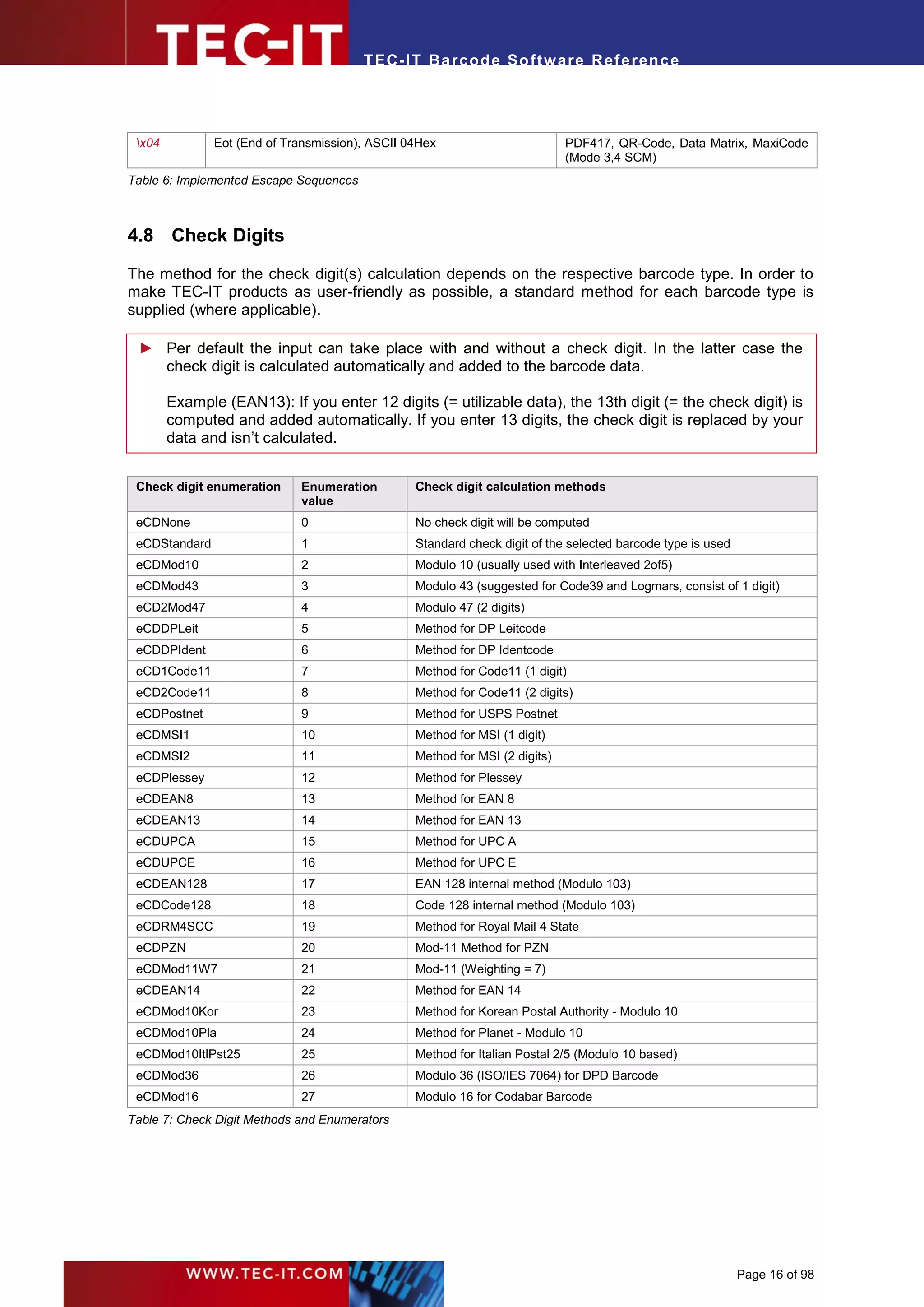 T EC- IT Ba r cod e So ft w are R ef e ren c e




 x04          Eot (End of Transmission), ASCII 04Hex                        PDF417, QR-Code, Data Matrix, MaxiCode
                                                                             (Mode 3,4 SCM)
Table 6: Implemented Escape Sequences



4.8 Check Digits

The method for the check digit(s) calculation depends on the respective barcode type. In order to
make TEC-IT products as user-friendly as possible, a standard method for each barcode type is
supplied (where applicable).

 ► Per default the input can take place with and without a check digit. In the latter case the
   check digit is calculated automatically and added to the barcode data.

        Example (EAN13): If you enter 12 digits (= utilizable data), the 13th digit (= the check digit) is
        computed and added automatically. If you enter 13 digits, the check digit is replaced by your
        data and isn’t calculated.


 Check digit enumeration     Enumeration         Check digit calculation methods
                             value
 eCDNone                     0                   No check digit will be computed
 eCDStandard                 1                   Standard check digit of the selected barcode type is used
 eCDMod10                    2                   Modulo 10 (usually used with Interleaved 2of5)
 eCDMod43                    3                   Modulo 43 (suggested for Code39 and Logmars, consist of 1 digit)
 eCD2Mod47                   4                   Modulo 47 (2 digits)
 eCDDPLeit                   5                   Method for DP Leitcode
 eCDDPIdent                  6                   Method for DP Identcode
 eCD1Code11                  7                   Method for Code11 (1 digit)
 eCD2Code11                  8                   Method for Code11 (2 digits)
 eCDPostnet                  9                   Method for USPS Postnet
 eCDMSI1                     10                  Method for MSI (1 digit)
 eCDMSI2                     11                  Method for MSI (2 digits)
 eCDPlessey                  12                  Method for Plessey
 eCDEAN8                     13                  Method for EAN 8
 eCDEAN13                    14                  Method for EAN 13
 eCDUPCA                     15                  Method for UPC A
 eCDUPCE                     16                  Method for UPC E
 eCDEAN128                   17                  EAN 128 internal method (Modulo 103)
 eCDCode128                  18                  Code 128 internal method (Modulo 103)
 eCDRM4SCC                   19                  Method for Royal Mail 4 State
 eCDPZN                      20                  Mod-11 Method for PZN
 eCDMod11W7                  21                  Mod-11 (Weighting = 7)
 eCDEAN14                    22                  Method for EAN 14
 eCDMod10Kor                 23                  Method for Korean Postal Authority - Modulo 10
 eCDMod10Pla                 24                  Method for Planet - Modulo 10
 eCDMod10ItlPst25            25                  Method for Italian Postal 2/5 (Modulo 10 based)
 eCDMod36                    26                  Modulo 36 (ISO/IES 7064) for DPD Barcode
 eCDMod16                    27                  Modulo 16 for Codabar Barcode
Table 7: Check Digit Methods and Enumerators




                                                                                                             Page 16 of 98
 