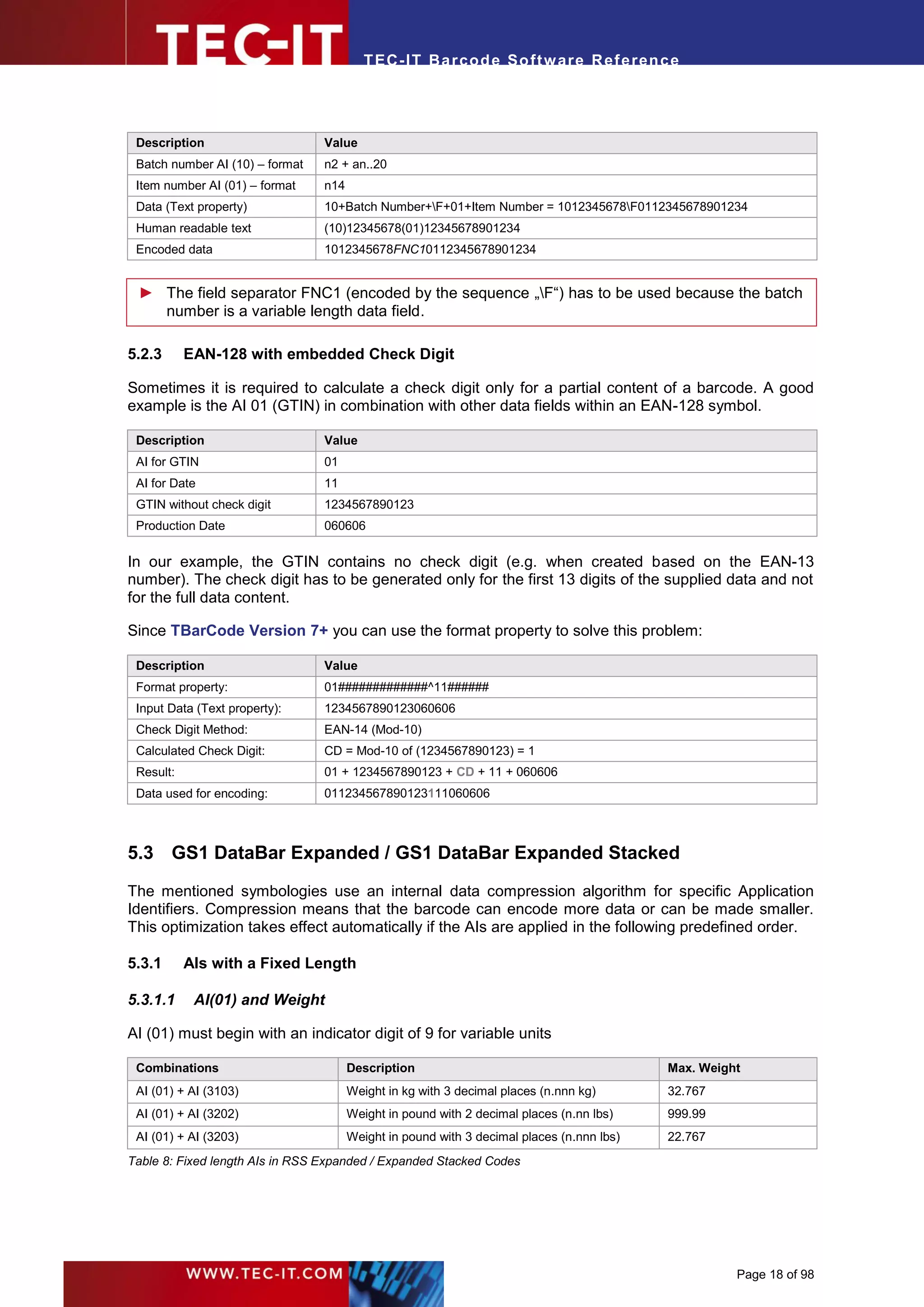 T EC- IT Ba r cod e So ft w are R ef e ren c e




 Description                     Value
 Batch number AI (10) – format   n2 + an..20
 Item number AI (01) – format    n14
 Data (Text property)            10+Batch Number+F+01+Item Number = 1012345678F0112345678901234
 Human readable text             (10)12345678(01)12345678901234
 Encoded data                    1012345678FNC10112345678901234


 ► The field separator FNC1 (encoded by the sequence „F“) has to be used because the batch
   number is a variable length data field.

5.2.3      EAN-128 with embedded Check Digit

Sometimes it is required to calculate a check digit only for a partial content of a barcode. A good
example is the AI 01 (GTIN) in combination with other data fields within an EAN-128 symbol.

 Description                     Value
 AI for GTIN                     01
 AI for Date                     11
 GTIN without check digit        1234567890123
 Production Date                 060606

In our example, the GTIN contains no check digit (e.g. when created based on the EAN-13
number). The check digit has to be generated only for the first 13 digits of the supplied data and not
for the full data content.

Since TBarCode Version 7+ you can use the format property to solve this problem:

 Description                     Value
 Format property:                01#############^11######
 Input Data (Text property):     1234567890123060606
 Check Digit Method:             EAN-14 (Mod-10)
 Calculated Check Digit:         CD = Mod-10 of (1234567890123) = 1
 Result:                         01 + 1234567890123 + CD + 11 + 060606
 Data used for encoding:         011234567890123111060606



5.3 GS1 DataBar Expanded / GS1 DataBar Expanded Stacked

The mentioned symbologies use an internal data compression algorithm for specific Application
Identifiers. Compression means that the barcode can encode more data or can be made smaller.
This optimization takes effect automatically if the AIs are applied in the following predefined order.

5.3.1      AIs with a Fixed Length

5.3.1.1     AI(01) and Weight

AI (01) must begin with an indicator digit of 9 for variable units

 Combinations                          Description                                         Max. Weight
 AI (01) + AI (3103)                   Weight in kg with 3 decimal places (n.nnn kg)       32.767
 AI (01) + AI (3202)                   Weight in pound with 2 decimal places (n.nn lbs)    999.99
 AI (01) + AI (3203)                   Weight in pound with 3 decimal places (n.nnn lbs)   22.767
Table 8: Fixed length AIs in RSS Expanded / Expanded Stacked Codes




                                                                                                     Page 18 of 98
 