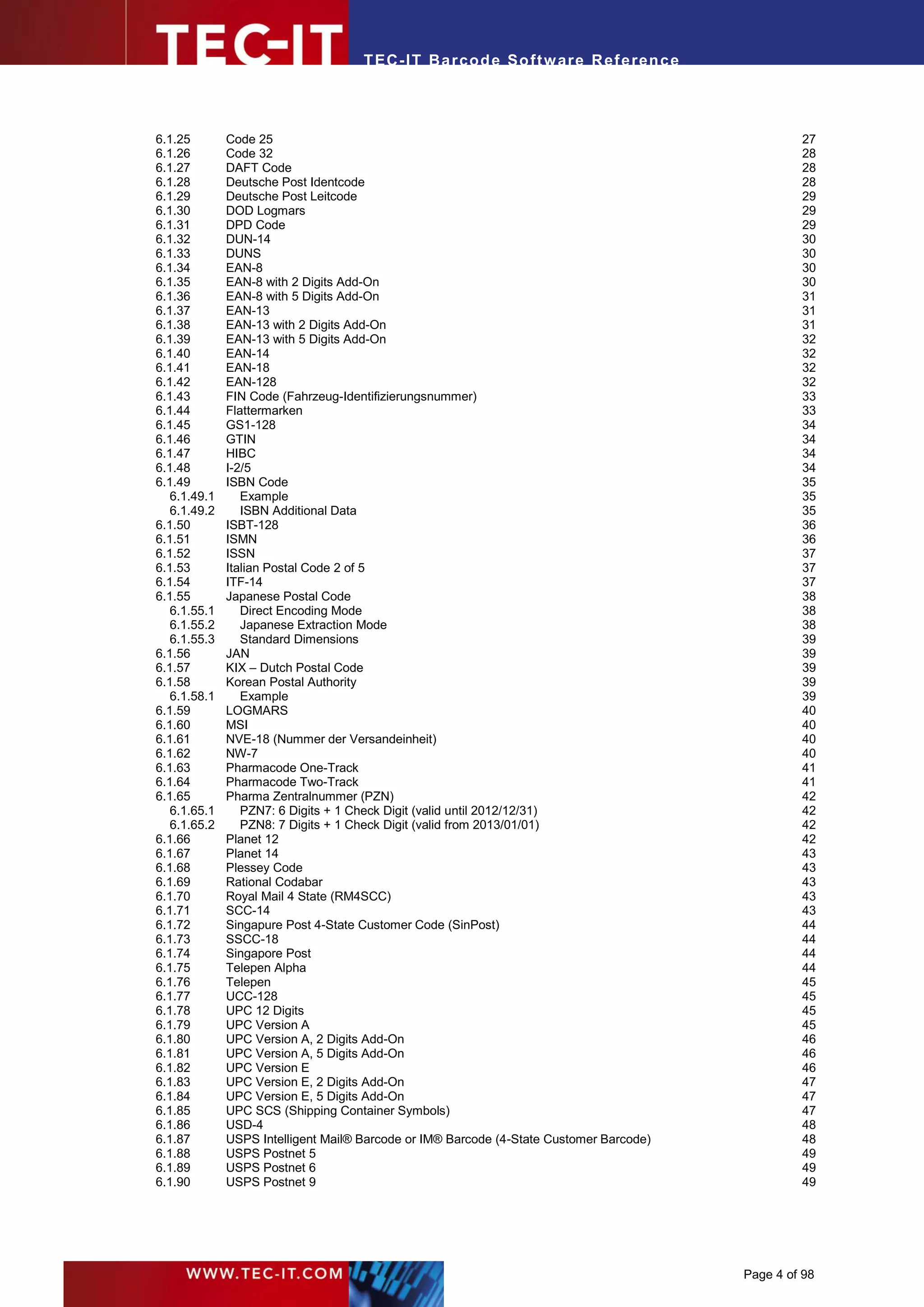 T EC- IT Ba r cod e So ft w are R ef e ren c e




6.1.25        Code 25                                                                             27
6.1.26        Code 32                                                                             28
6.1.27        DAFT Code                                                                           28
6.1.28        Deutsche Post Identcode                                                             28
6.1.29        Deutsche Post Leitcode                                                              29
6.1.30        DOD Logmars                                                                         29
6.1.31        DPD Code                                                                            29
6.1.32        DUN-14                                                                              30
6.1.33        DUNS                                                                                30
6.1.34        EAN-8                                                                               30
6.1.35        EAN-8 with 2 Digits Add-On                                                          30
6.1.36        EAN-8 with 5 Digits Add-On                                                          31
6.1.37        EAN-13                                                                              31
6.1.38        EAN-13 with 2 Digits Add-On                                                         31
6.1.39        EAN-13 with 5 Digits Add-On                                                         32
6.1.40        EAN-14                                                                              32
6.1.41        EAN-18                                                                              32
6.1.42        EAN-128                                                                             32
6.1.43        FIN Code (Fahrzeug-Identifizierungsnummer)                                          33
6.1.44        Flattermarken                                                                       33
6.1.45        GS1-128                                                                             34
6.1.46        GTIN                                                                                34
6.1.47        HIBC                                                                                34
6.1.48        I-2/5                                                                               34
6.1.49        ISBN Code                                                                           35
   6.1.49.1      Example                                                                          35
   6.1.49.2      ISBN Additional Data                                                             35
6.1.50        ISBT-128                                                                            36
6.1.51        ISMN                                                                                36
6.1.52        ISSN                                                                                37
6.1.53        Italian Postal Code 2 of 5                                                          37
6.1.54        ITF-14                                                                              37
6.1.55        Japanese Postal Code                                                                38
   6.1.55.1      Direct Encoding Mode                                                             38
   6.1.55.2      Japanese Extraction Mode                                                         38
   6.1.55.3      Standard Dimensions                                                              39
6.1.56        JAN                                                                                 39
6.1.57        KIX – Dutch Postal Code                                                             39
6.1.58        Korean Postal Authority                                                             39
   6.1.58.1      Example                                                                          39
6.1.59        LOGMARS                                                                             40
6.1.60        MSI                                                                                 40
6.1.61        NVE-18 (Nummer der Versandeinheit)                                                  40
6.1.62        NW-7                                                                                40
6.1.63        Pharmacode One-Track                                                                41
6.1.64        Pharmacode Two-Track                                                                41
6.1.65        Pharma Zentralnummer (PZN)                                                          42
   6.1.65.1      PZN7: 6 Digits + 1 Check Digit (valid until 2012/12/31)                          42
   6.1.65.2      PZN8: 7 Digits + 1 Check Digit (valid from 2013/01/01)                           42
6.1.66        Planet 12                                                                           42
6.1.67        Planet 14                                                                           43
6.1.68        Plessey Code                                                                        43
6.1.69        Rational Codabar                                                                    43
6.1.70        Royal Mail 4 State (RM4SCC)                                                         43
6.1.71        SCC-14                                                                              43
6.1.72        Singapure Post 4-State Customer Code (SinPost)                                      44
6.1.73        SSCC-18                                                                             44
6.1.74        Singapore Post                                                                      44
6.1.75        Telepen Alpha                                                                       44
6.1.76        Telepen                                                                             45
6.1.77        UCC-128                                                                             45
6.1.78        UPC 12 Digits                                                                       45
6.1.79        UPC Version A                                                                       45
6.1.80        UPC Version A, 2 Digits Add-On                                                      46
6.1.81        UPC Version A, 5 Digits Add-On                                                      46
6.1.82        UPC Version E                                                                       46
6.1.83        UPC Version E, 2 Digits Add-On                                                      47
6.1.84        UPC Version E, 5 Digits Add-On                                                      47
6.1.85        UPC SCS (Shipping Container Symbols)                                                47
6.1.86        USD-4                                                                               48
6.1.87        USPS Intelligent Mail® Barcode or IM® Barcode (4-State Customer Barcode)            48
6.1.88        USPS Postnet 5                                                                      49
6.1.89        USPS Postnet 6                                                                      49
6.1.90        USPS Postnet 9                                                                      49




                                                                                         Page 4 of 98
 