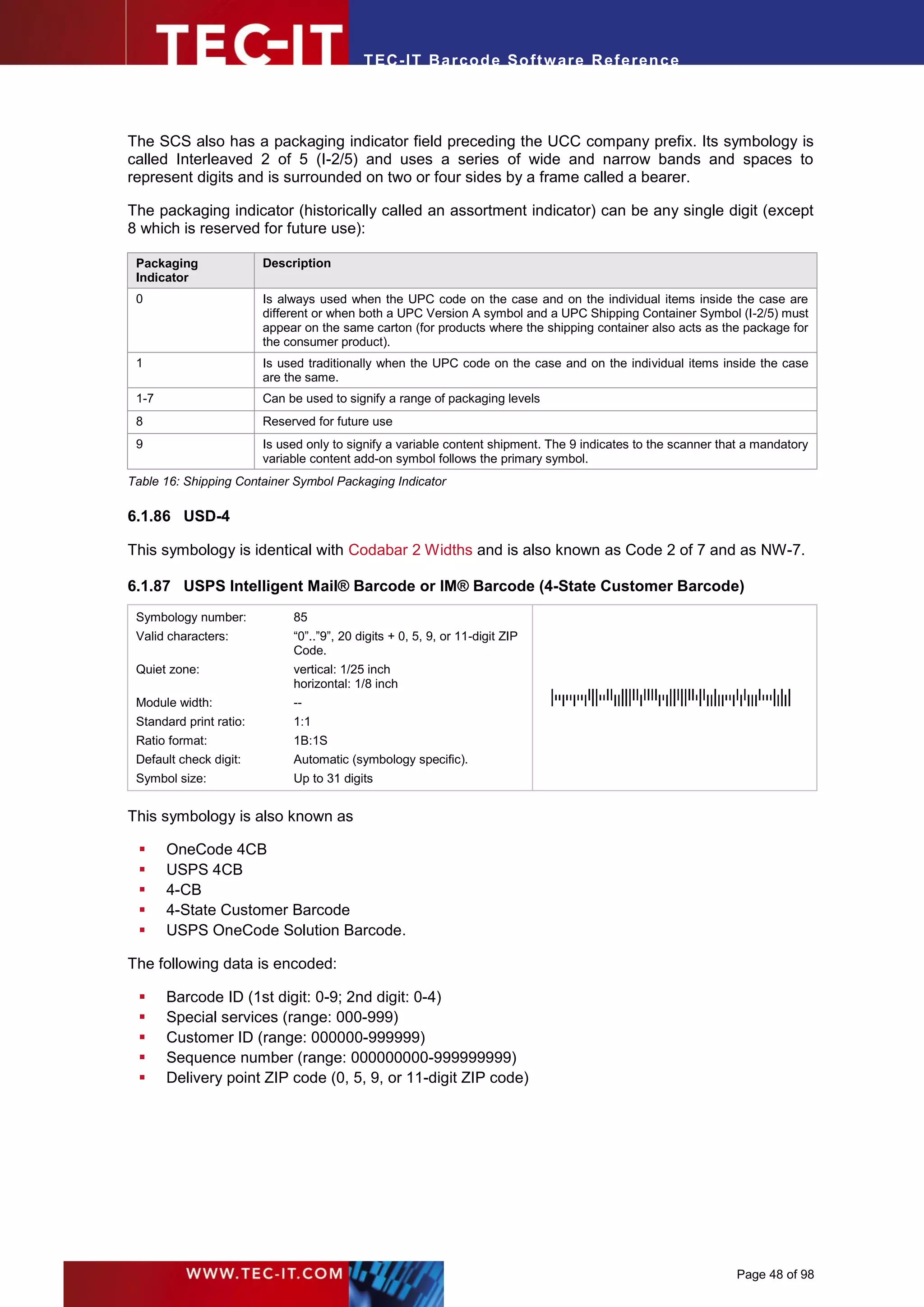 T EC- IT Ba r cod e So ft w are R ef e ren c e




The SCS also has a packaging indicator field preceding the UCC company prefix. Its symbology is
called Interleaved 2 of 5 (I-2/5) and uses a series of wide and narrow bands and spaces to
represent digits and is surrounded on two or four sides by a frame called a bearer.

The packaging indicator (historically called an assortment indicator) can be any single digit (except
8 which is reserved for future use):

 Packaging               Description
 Indicator
 0                       Is always used when the UPC code on the case and on the individual items inside the case are
                         different or when both a UPC Version A symbol and a UPC Shipping Container Symbol (I-2/5) must
                         appear on the same carton (for products where the shipping container also acts as the package for
                         the consumer product).
 1                       Is used traditionally when the UPC code on the case and on the individual items inside the case
                         are the same.
 1-7                     Can be used to signify a range of packaging levels
 8                       Reserved for future use
 9                       Is used only to signify a variable content shipment. The 9 indicates to the scanner that a mandatory
                         variable content add-on symbol follows the primary symbol.
Table 16: Shipping Container Symbol Packaging Indicator

6.1.86 USD-4

This symbology is identical with Codabar 2 Widths and is also known as Code 2 of 7 and as NW-7.

6.1.87 USPS Intelligent Mail® Barcode or IM® Barcode (4-State Customer Barcode)
 Symbology number:            85
 Valid characters:            “0”..”9”, 20 digits + 0, 5, 9, or 11-digit ZIP
                              Code.
 Quiet zone:                  vertical: 1/25 inch
                              horizontal: 1/8 inch
 Module width:                --
 Standard print ratio:        1:1
 Ratio format:                1B:1S
 Default check digit:         Automatic (symbology specific).
 Symbol size:                 Up to 31 digits


This symbology is also known as

      OneCode 4CB
      USPS 4CB
      4-CB
      4-State Customer Barcode
      USPS OneCode Solution Barcode.

The following data is encoded:

      Barcode ID (1st digit: 0-9; 2nd digit: 0-4)
      Special services (range: 000-999)
      Customer ID (range: 000000-999999)
      Sequence number (range: 000000000-999999999)
      Delivery point ZIP code (0, 5, 9, or 11-digit ZIP code)




                                                                                                               Page 48 of 98
 