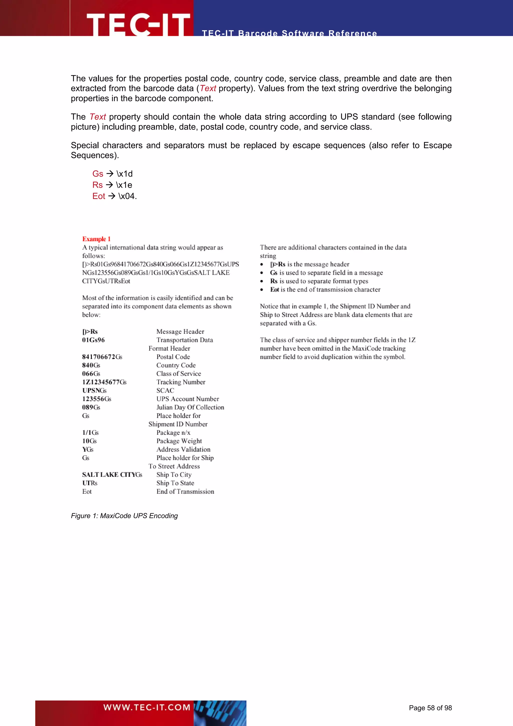 T EC- IT Ba r cod e So ft w are R ef e ren c e




The values for the properties postal code, country code, service class, preamble and date are then
extracted from the barcode data (Text property). Values from the text string overdrive the belonging
properties in the barcode component.

The Text property should contain the whole data string according to UPS standard (see following
picture) including preamble, date, postal code, country code, and service class.

Special characters and separators must be replaced by escape sequences (also refer to Escape
Sequences).

      Gs  x1d
      Rs  x1e
      Eot  x04.




Figure 1: MaxiCode UPS Encoding




                                                                                        Page 58 of 98
 