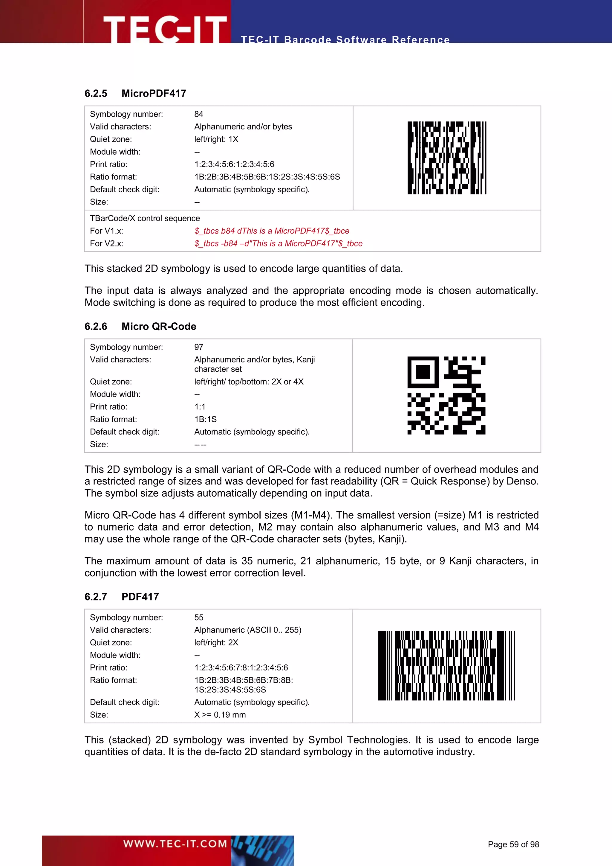 T EC- IT Ba r cod e So ft w are R ef e ren c e




6.2.5      MicroPDF417
 Symbology number:        84
 Valid characters:        Alphanumeric and/or bytes
 Quiet zone:              left/right: 1X
 Module width:            --
 Print ratio:             1:2:3:4:5:6:1:2:3:4:5:6
 Ratio format:            1B:2B:3B:4B:5B:6B:1S:2S:3S:4S:5S:6S
 Default check digit:     Automatic (symbology specific).
 Size:                    --
 TBarCode/X control sequence
 For V1.x:                $_tbcs b84 dThis is a MicroPDF417$_tbce
 For V2.x:                $_tbcs -b84 –d"This is a MicroPDF417"$_tbce


This stacked 2D symbology is used to encode large quantities of data.

The input data is always analyzed and the appropriate encoding mode is chosen automatically.
Mode switching is done as required to produce the most efficient encoding.

6.2.6      Micro QR-Code
 Symbology number:        97
 Valid characters:        Alphanumeric and/or bytes, Kanji
                          character set
 Quiet zone:              left/right/ top/bottom: 2X or 4X
 Module width:            --
 Print ratio:             1:1
 Ratio format:            1B:1S
 Default check digit:     Automatic (symbology specific).
 Size:                    -- --


This 2D symbology is a small variant of QR-Code with a reduced number of overhead modules and
a restricted range of sizes and was developed for fast readability (QR = Quick Response) by Denso.
The symbol size adjusts automatically depending on input data.

Micro QR-Code has 4 different symbol sizes (M1-M4). The smallest version (=size) M1 is restricted
to numeric data and error detection, M2 may contain also alphanumeric values, and M3 and M4
may use the whole range of the QR-Code character sets (bytes, Kanji).

The maximum amount of data is 35 numeric, 21 alphanumeric, 15 byte, or 9 Kanji characters, in
conjunction with the lowest error correction level.

6.2.7      PDF417
 Symbology number:        55
 Valid characters:        Alphanumeric (ASCII 0.. 255)                   .




 Quiet zone:              left/right: 2X
 Module width:            --
 Print ratio:             1:2:3:4:5:6:7:8:1:2:3:4:5:6
 Ratio format:            1B:2B:3B:4B:5B:6B:7B:8B:
                          1S:2S:3S:4S:5S:6S
 Default check digit:     Automatic (symbology specific).
 Size:                    X >= 0.19 mm


This (stacked) 2D symbology was invented by Symbol Technologies. It is used to encode large
quantities of data. It is the de-facto 2D standard symbology in the automotive industry.




                                                                                            Page 59 of 98
 