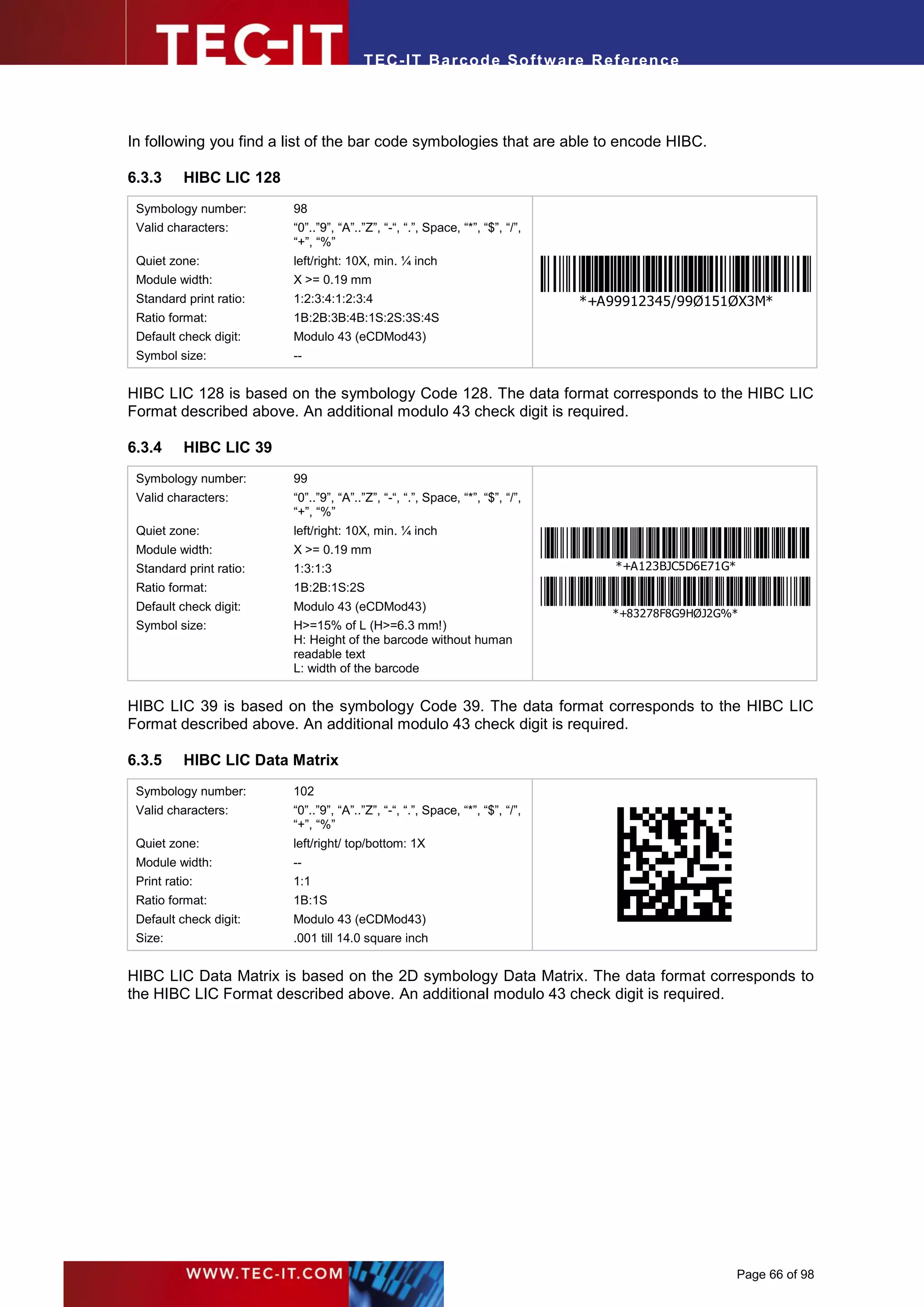 T EC- IT Ba r cod e So ft w are R ef e ren c e




In following you find a list of the bar code symbologies that are able to encode HIBC.

6.3.3      HIBC LIC 128
 Symbology number:        98
 Valid characters:        “0”..”9”, “A”..”Z”, “-“, “.”, Space, “*”, “$”, “/”,
                          “+”, “%”
 Quiet zone:              left/right: 10X, min. ¼ inch
 Module width:            X >= 0.19 mm
 Standard print ratio:    1:2:3:4:1:2:3:4                                       *+A99912345/99Ø151ØX3M*
 Ratio format:            1B:2B:3B:4B:1S:2S:3S:4S
 Default check digit:     Modulo 43 (eCDMod43)
 Symbol size:             --


HIBC LIC 128 is based on the symbology Code 128. The data format corresponds to the HIBC LIC
Format described above. An additional modulo 43 check digit is required.

6.3.4      HIBC LIC 39
 Symbology number:        99
 Valid characters:        “0”..”9”, “A”..”Z”, “-“, “.”, Space, “*”, “$”, “/”,
                          “+”, “%”
 Quiet zone:              left/right: 10X, min. ¼ inch
 Module width:            X >= 0.19 mm
 Standard print ratio:    1:3:1:3                                                   *+A123BJC5D6E71G*
 Ratio format:            1B:2B:1S:2S
 Default check digit:     Modulo 43 (eCDMod43)
                                                                                   *+83278F8G9HØJ2G%*
 Symbol size:             H>=15% of L (H>=6.3 mm!)
                          H: Height of the barcode without human
                          readable text
                          L: width of the barcode


HIBC LIC 39 is based on the symbology Code 39. The data format corresponds to the HIBC LIC
Format described above. An additional modulo 43 check digit is required.

6.3.5      HIBC LIC Data Matrix
 Symbology number:        102
 Valid characters:        “0”..”9”, “A”..”Z”, “-“, “.”, Space, “*”, “$”, “/”,
                                                                                    .




                          “+”, “%”
 Quiet zone:              left/right/ top/bottom: 1X
 Module width:            --
 Print ratio:             1:1
 Ratio format:            1B:1S
 Default check digit:     Modulo 43 (eCDMod43)
 Size:                    .001 till 14.0 square inch


HIBC LIC Data Matrix is based on the 2D symbology Data Matrix. The data format corresponds to
the HIBC LIC Format described above. An additional modulo 43 check digit is required.




                                                                                                        Page 66 of 98
 