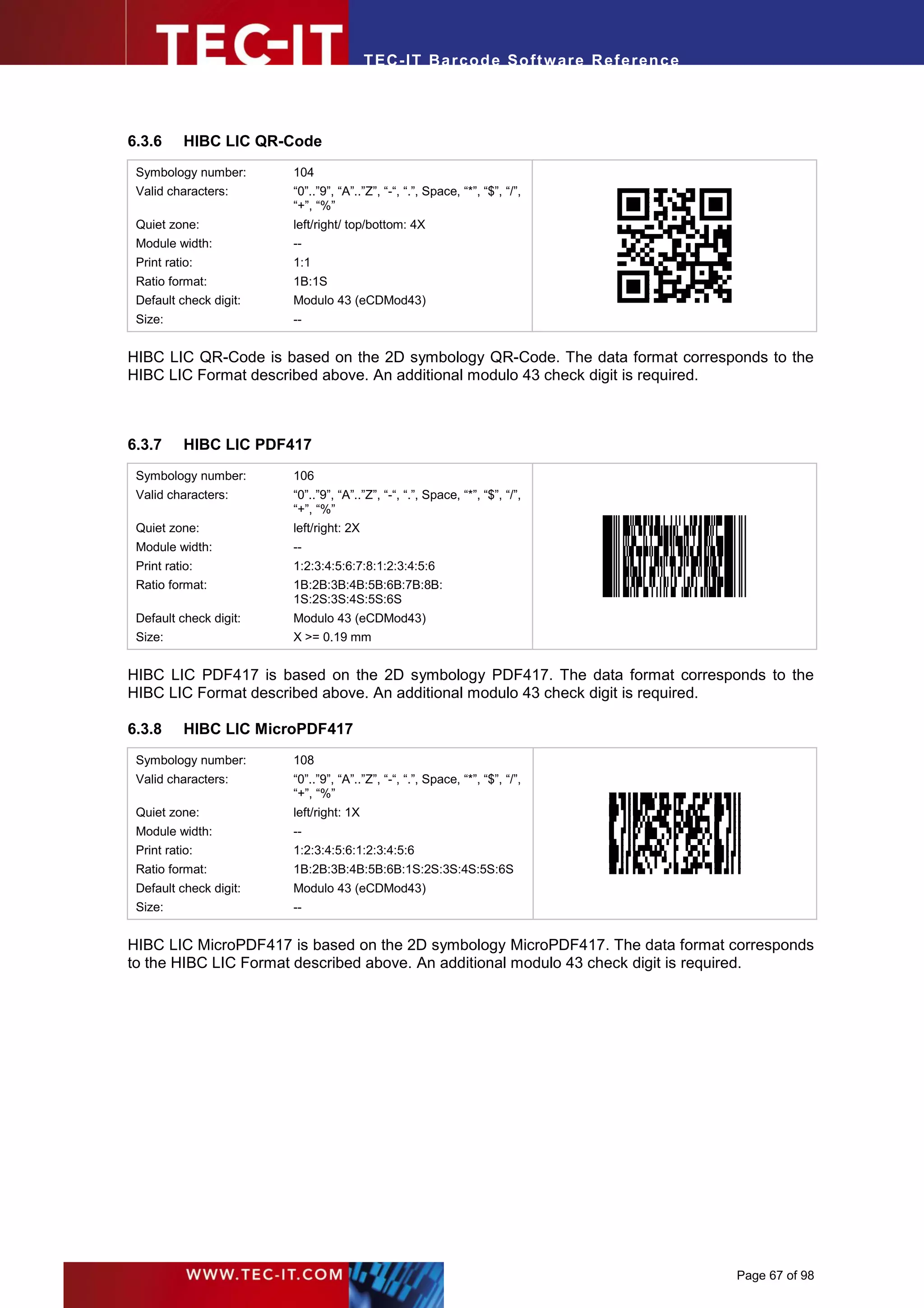 T EC- IT Ba r cod e So ft w are R ef e ren c e




6.3.6      HIBC LIC QR-Code
 Symbology number:      104
 Valid characters:      “0”..”9”, “A”..”Z”, “-“, “.”, Space, “*”, “$”, “/”,
                                                                                      .




                        “+”, “%”
 Quiet zone:            left/right/ top/bottom: 4X
 Module width:          --
 Print ratio:           1:1
 Ratio format:          1B:1S
 Default check digit:   Modulo 43 (eCDMod43)
 Size:                  --


HIBC LIC QR-Code is based on the 2D symbology QR-Code. The data format corresponds to the
HIBC LIC Format described above. An additional modulo 43 check digit is required.



6.3.7      HIBC LIC PDF417
 Symbology number:      106
 Valid characters:      “0”..”9”, “A”..”Z”, “-“, “.”, Space, “*”, “$”, “/”,
                        “+”, “%”                                              .




 Quiet zone:            left/right: 2X
 Module width:          --
 Print ratio:           1:2:3:4:5:6:7:8:1:2:3:4:5:6
 Ratio format:          1B:2B:3B:4B:5B:6B:7B:8B:
                        1S:2S:3S:4S:5S:6S
 Default check digit:   Modulo 43 (eCDMod43)
 Size:                  X >= 0.19 mm


HIBC LIC PDF417 is based on the 2D symbology PDF417. The data format corresponds to the
HIBC LIC Format described above. An additional modulo 43 check digit is required.

6.3.8      HIBC LIC MicroPDF417
 Symbology number:      108
 Valid characters:      “0”..”9”, “A”..”Z”, “-“, “.”, Space, “*”, “$”, “/”,
                        “+”, “%”                                                  .




 Quiet zone:            left/right: 1X
 Module width:          --
 Print ratio:           1:2:3:4:5:6:1:2:3:4:5:6
 Ratio format:          1B:2B:3B:4B:5B:6B:1S:2S:3S:4S:5S:6S
 Default check digit:   Modulo 43 (eCDMod43)
 Size:                  --


HIBC LIC MicroPDF417 is based on the 2D symbology MicroPDF417. The data format corresponds
to the HIBC LIC Format described above. An additional modulo 43 check digit is required.




                                                                                          Page 67 of 98
 