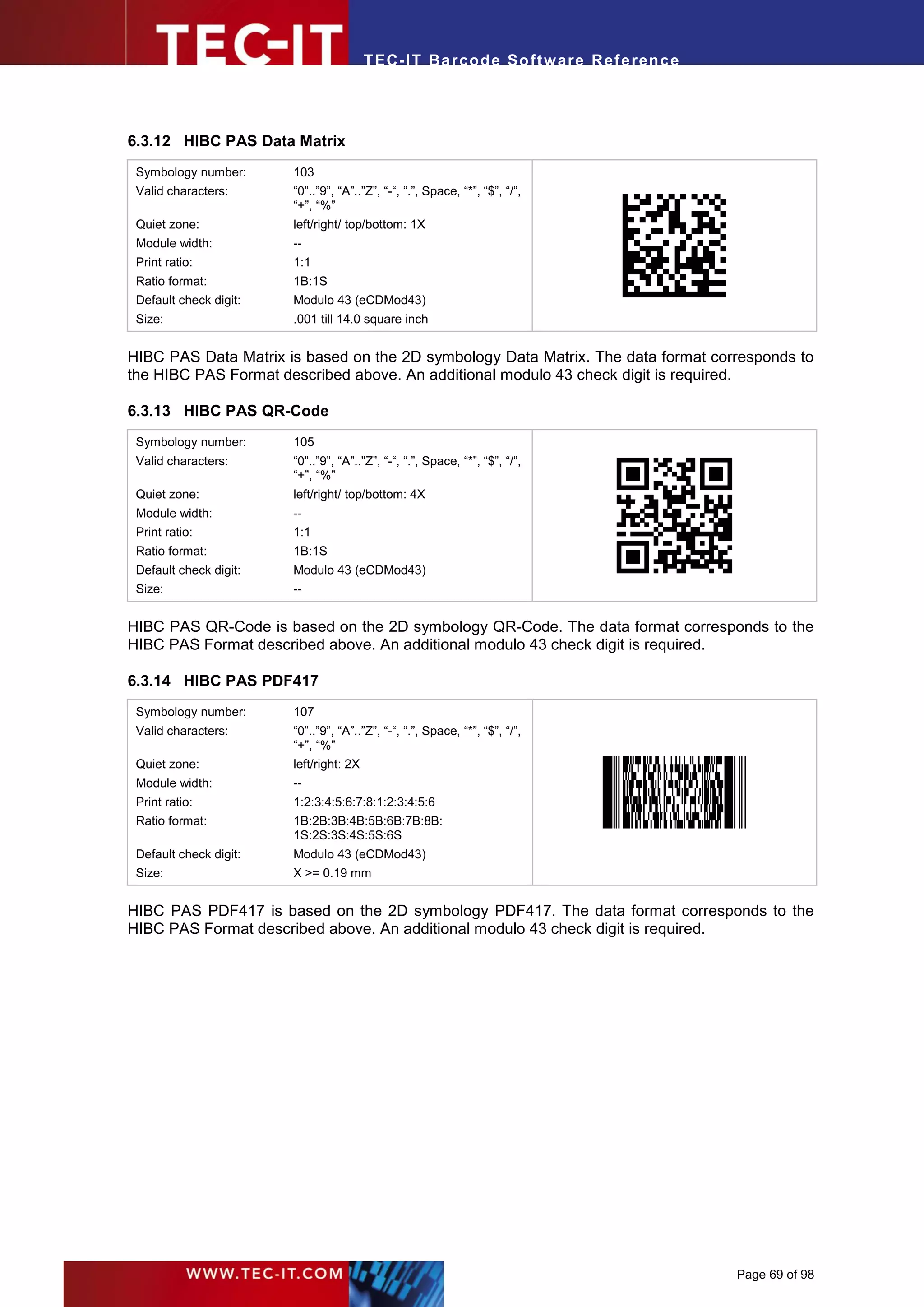T EC- IT Ba r cod e So ft w are R ef e ren c e




6.3.12 HIBC PAS Data Matrix
 Symbology number:      103
 Valid characters:      “0”..”9”, “A”..”Z”, “-“, “.”, Space, “*”, “$”, “/”,           .




                        “+”, “%”
 Quiet zone:            left/right/ top/bottom: 1X
 Module width:          --
 Print ratio:           1:1
 Ratio format:          1B:1S
 Default check digit:   Modulo 43 (eCDMod43)
 Size:                  .001 till 14.0 square inch


HIBC PAS Data Matrix is based on the 2D symbology Data Matrix. The data format corresponds to
the HIBC PAS Format described above. An additional modulo 43 check digit is required.

6.3.13 HIBC PAS QR-Code
 Symbology number:      105
 Valid characters:      “0”..”9”, “A”..”Z”, “-“, “.”, Space, “*”, “$”, “/”,
                                                                                  .




                        “+”, “%”
 Quiet zone:            left/right/ top/bottom: 4X
 Module width:          --
 Print ratio:           1:1
 Ratio format:          1B:1S
 Default check digit:   Modulo 43 (eCDMod43)
 Size:                  --


HIBC PAS QR-Code is based on the 2D symbology QR-Code. The data format corresponds to the
HIBC PAS Format described above. An additional modulo 43 check digit is required.

6.3.14 HIBC PAS PDF417
 Symbology number:      107
 Valid characters:      “0”..”9”, “A”..”Z”, “-“, “.”, Space, “*”, “$”, “/”,
                        “+”, “%”
                                                                              .




 Quiet zone:            left/right: 2X
 Module width:          --
 Print ratio:           1:2:3:4:5:6:7:8:1:2:3:4:5:6
 Ratio format:          1B:2B:3B:4B:5B:6B:7B:8B:
                        1S:2S:3S:4S:5S:6S
 Default check digit:   Modulo 43 (eCDMod43)
 Size:                  X >= 0.19 mm


HIBC PAS PDF417 is based on the 2D symbology PDF417. The data format corresponds to the
HIBC PAS Format described above. An additional modulo 43 check digit is required.




                                                                                          Page 69 of 98
 