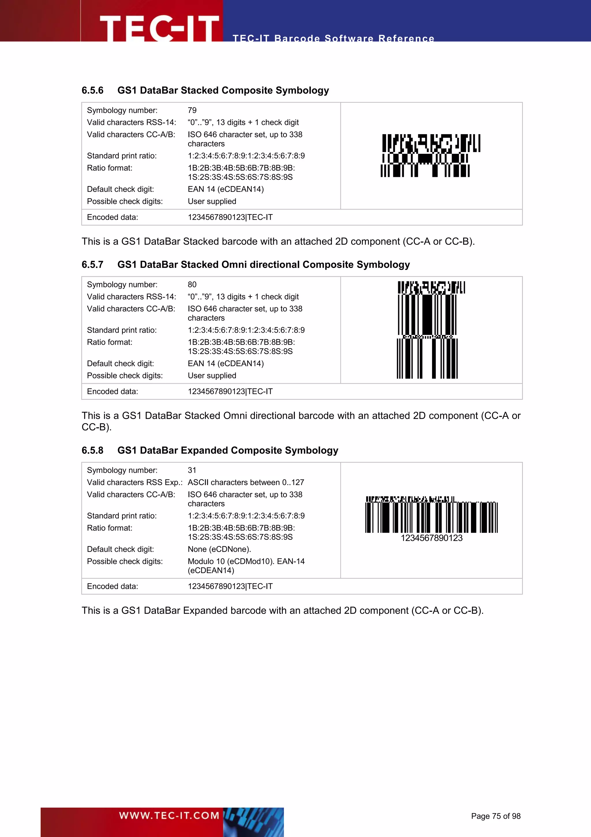 T EC- IT Ba r cod e So ft w are R ef e ren c e




6.5.6     GS1 DataBar Stacked Composite Symbology
 Symbology number:          79
 Valid characters RSS-14:   “0”..”9”, 13 digits + 1 check digit
 Valid characters CC-A/B:   ISO 646 character set, up to 338
                            characters
 Standard print ratio:      1:2:3:4:5:6:7:8:9:1:2:3:4:5:6:7:8:9
 Ratio format:              1B:2B:3B:4B:5B:6B:7B:8B:9B:
                            1S:2S:3S:4S:5S:6S:7S:8S:9S
 Default check digit:       EAN 14 (eCDEAN14)
 Possible check digits:     User supplied
 Encoded data:              1234567890123|TEC-IT


This is a GS1 DataBar Stacked barcode with an attached 2D component (CC-A or CC-B).

6.5.7     GS1 DataBar Stacked Omni directional Composite Symbology
 Symbology number:          80
 Valid characters RSS-14:   “0”..”9”, 13 digits + 1 check digit
 Valid characters CC-A/B:   ISO 646 character set, up to 338
                            characters
 Standard print ratio:      1:2:3:4:5:6:7:8:9:1:2:3:4:5:6:7:8:9
 Ratio format:              1B:2B:3B:4B:5B:6B:7B:8B:9B:
                            1S:2S:3S:4S:5S:6S:7S:8S:9S
 Default check digit:       EAN 14 (eCDEAN14)
 Possible check digits:     User supplied
 Encoded data:              1234567890123|TEC-IT


This is a GS1 DataBar Stacked Omni directional barcode with an attached 2D component (CC-A or
CC-B).

6.5.8     GS1 DataBar Expanded Composite Symbology
 Symbology number:          31
 Valid characters RSS Exp.: ASCII characters between 0..127
 Valid characters CC-A/B:   ISO 646 character set, up to 338
                            characters
 Standard print ratio:      1:2:3:4:5:6:7:8:9:1:2:3:4:5:6:7:8:9
 Ratio format:              1B:2B:3B:4B:5B:6B:7B:8B:9B:
                            1S:2S:3S:4S:5S:6S:7S:8S:9S                          1234567890123
 Default check digit:       None (eCDNone).
 Possible check digits:     Modulo 10 (eCDMod10). EAN-14
                            (eCDEAN14)
 Encoded data:              1234567890123|TEC-IT


This is a GS1 DataBar Expanded barcode with an attached 2D component (CC-A or CC-B).




                                                                                                Page 75 of 98
 