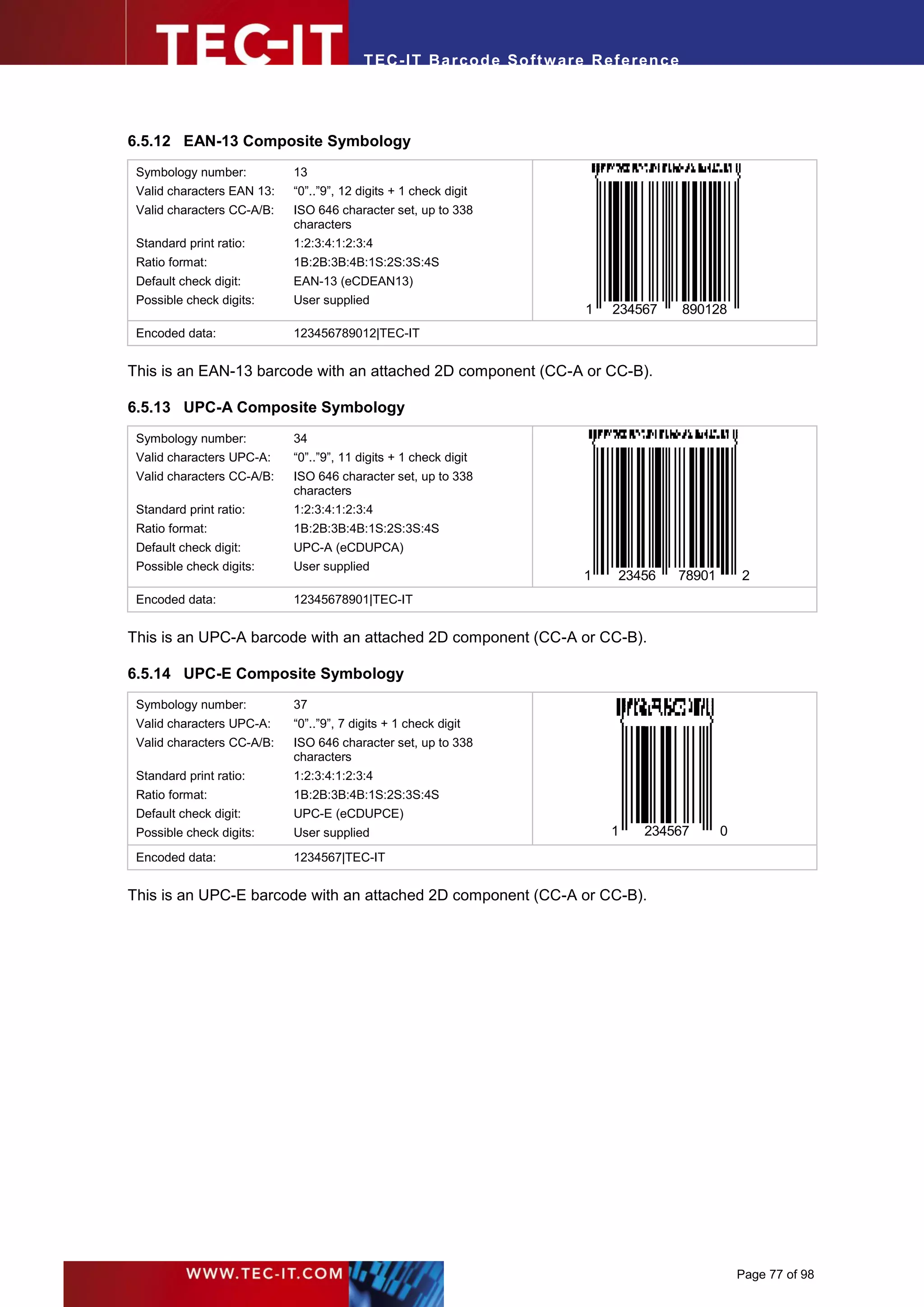 T EC- IT Ba r cod e So ft w are R ef e ren c e




6.5.12 EAN-13 Composite Symbology
 Symbology number:          13
 Valid characters EAN 13:   “0”..”9”, 12 digits + 1 check digit
 Valid characters CC-A/B:   ISO 646 character set, up to 338
                            characters
 Standard print ratio:      1:2:3:4:1:2:3:4
 Ratio format:              1B:2B:3B:4B:1S:2S:3S:4S
 Default check digit:       EAN-13 (eCDEAN13)
 Possible check digits:     User supplied
                                                                          1   234567       890128
 Encoded data:              123456789012|TEC-IT


This is an EAN-13 barcode with an attached 2D component (CC-A or CC-B).

6.5.13 UPC-A Composite Symbology
 Symbology number:          34
 Valid characters UPC-A:    “0”..”9”, 11 digits + 1 check digit
 Valid characters CC-A/B:   ISO 646 character set, up to 338
                            characters
 Standard print ratio:      1:2:3:4:1:2:3:4
 Ratio format:              1B:2B:3B:4B:1S:2S:3S:4S
 Default check digit:       UPC-A (eCDUPCA)
 Possible check digits:     User supplied
                                                                          1    23456   78901        2
 Encoded data:              12345678901|TEC-IT


This is an UPC-A barcode with an attached 2D component (CC-A or CC-B).

6.5.14 UPC-E Composite Symbology
 Symbology number:          37
 Valid characters UPC-A:    “0”..”9”, 7 digits + 1 check digit
 Valid characters CC-A/B:   ISO 646 character set, up to 338
                            characters
 Standard print ratio:      1:2:3:4:1:2:3:4
 Ratio format:              1B:2B:3B:4B:1S:2S:3S:4S
 Default check digit:       UPC-E (eCDUPCE)
 Possible check digits:     User supplied                                     1   234567        0
 Encoded data:              1234567|TEC-IT


This is an UPC-E barcode with an attached 2D component (CC-A or CC-B).




                                                                                                    Page 77 of 98
 