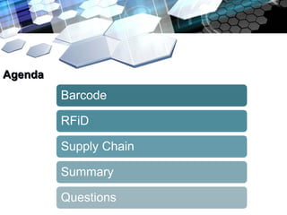 Agenda
         Barcode

         RFiD

         Supply Chain

         Summary

         Questions
 