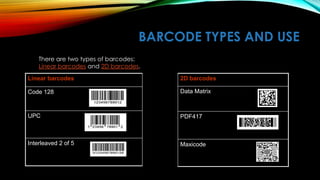 BARCODE TYPES AND USE
There are two types of barcodes:
Linear barcodes and 2D barcodes.
Linear barcodes

2D barcodes

Code 128

Data Matrix

UPC

PDF417

Interleaved 2 of 5

Maxicode

 