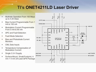 TI’s  ONET4211LD Laser Driver Multirate Operation From 155 Mbps up to 4.25 Gbps Bias Current Programmable From 1 mA to 100 mA Modulation Current Programmable From 5 mA to 85 mA APC and Fault Detection Fault Mode Selection Bias and Photodiode Current Monitors CML Data Inputs Temperature Compensation of Modulation Current Single 3.3-V Supply Surface-Mount, Small-Footprint, 4 mm × 4 mm 24-Lead QFN Package 