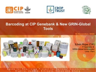 S e e d s f o r R e s i l i e n c e P r o j e c t f o r N a t i o n a l G e n e b a n k s i n
N i g e r i a , Z a m b i a , E t h i o p i a , K e n y a a n d G h a n a
18 November, 2020
Barcoding at CIP Genebank & New GRIN-Global
Tools
Edwin Rojas (CIP)
IT Specialist &
GRIN-Global Administrator
Lima - Peru
 