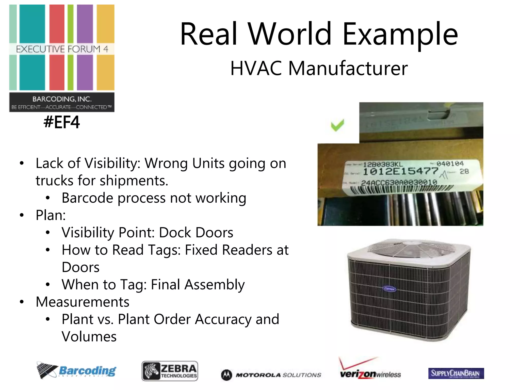 #EF4 
Real World Example 
HVAC Manufacturer 
• Lack of Visibility: Wrong Units going on 
trucks for shipments. 
• Barcode process not working 
• Plan: 
• Visibility Point: Dock Doors 
• How to Read Tags: Fixed Readers at 
Doors 
• When to Tag: Final Assembly 
• Measurements 
• Plant vs. Plant Order Accuracy and 
Volumes 
 