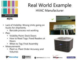 #EF4 
Real World Example 
HVAC Manufacturer 
• Lack of Visibility: Wrong Units going on 
trucks for shipments. 
• Barcode process not working 
• Plan: 
• Visibility Point: Dock Doors 
• How to Read Tags: Fixed Readers at 
Doors 
• When to Tag: Final Assembly 
• Measurements 
• Plant vs. Plant Order Accuracy and 
Volumes 
 
