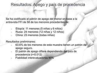 Se ha codificado el pátrón de apego del menor en base a la
entrevista FFI de 58 de los menores procedentes de:
o Etiopía: 11 menores (5 niñas y 6 niños)
o Rusia: 24 menores (12 niñas y 12 niños)
o China: 23 menores (todas niñas)
Resultados preliminares:
o 63.6% de los menores de esta muestra tienen un patrón de
apego seguro.
o El patrón de apego difiere dependiendo del país de
procedencia (r=0.012)
o Fiabilidad interevaluadores 90%
 