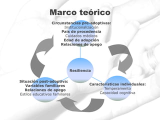 Circunstancias pre-adoptivas:
Institucionalización
País de procedencia
Cuidados médicos
Edad de adopción
Relaciones de apego
Características individuales:
Temperamento
Capacidad cognitiva
Situación post-adoptiva:
Variables familiares
Relaciones de apego
Estilos educativos familiares
Resiliencia
Marco teórico
 