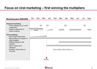 12 
barcoo_business_plan_01072008.ppt 
Focus on viral marketing –first winning the multipliers 
Nov 
Oct 
Dec 
Jan 
Feb 
Mar 
Apr 
May 
Jun 
Jul 
Aug 
Classical marketing 
•Press releases (e.g. in tech magazines) 
•Keyword placement in search engines 
Viral marketing 
•Semi-public beta phase 
•Barcoo-Blog und support of other bloggers 
•Affiliate programs with partners 
•Users create users (Reward) 
•Amateur video series on YouTube 
Marketing plan 2008/2009 
Go-live 
Continuous performance control  