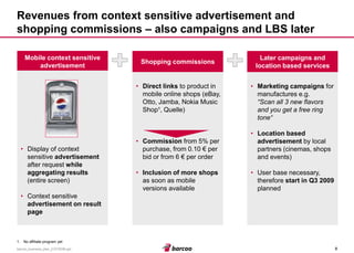 8 
barcoo_business_plan_01072008.ppt 
•Direct linksto product in mobile online shops (eBay, Otto, Jamba, Nokia Music Shop¹, Quelle) 
•Commissionfrom 5% per purchase, from 0.10 €per bid or from 6 €per order 
•Inclusion of more shopsas soon as mobile versions available 
Revenues from context sensitive advertisement and shopping commissions –also campaigns and LBS later 
Mobile context sensitive advertisement 
•Display of context sensitive advertisementafter request while aggregating results(entire screen) 
•Context sensitive advertisement on result page 
1.No affiliate program yet 
Shopping commissions 
•Marketing campaignsfor manufactures e.g. 
“Scan all 3 new flavors and you get a free ring tone“ 
•Location based advertisementby local partners (cinemas, shops and events) 
•User base necessary, therefore start in Q3 2009planned 
Later campaigns and location based services  