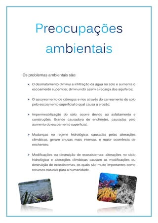 Preocupações
             ambientais
Os problemas ambientais são:

   O desmatamento diminui a infiltração da água no solo e aumenta o
    escoamento superficial, diminuindo assim a recarga dos aquíferos;


   O assoreamento de córregos e rios através do carreamento do solo
    pelo escoamento superficial o qual causa a erosão;


   Impermeabilização do solo: ocorre devido ao asfaltamento e
    construções. Grande causadora de enchentes, causadas pelo
    aumento do escoamento superficial;


   Mudanças no regime hidrológico: causadas pelas alterações
    climáticas, geram chuvas mais intensas, e maior ocorrência de
    enchentes;


   Modificações ou destruição de ecossistemas: alterações no ciclo
    hidrológico e alterações climáticas causam as modificações ou
    destruição de ecossistemas, os quais são muito importantes como
    recursos naturais para a humanidade.
 
