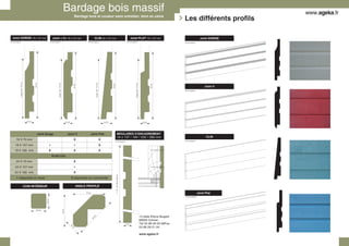 Bardage bois et couleur sans entretien, teint en usine
                                                                                                                                                                                                                                                                                                               Les différents profils

   Joint GORGE 19 x 127 mm                                                  Joint « V» 19 x 127 mm                                                            CLIN 24 x 127 mm                                                                      Joint PLAT 19 x 127 mm                                                             Joint GORGE
brut de sciage fin                                                      brut de sciage fin                                                         brut de sciage fin                                                                        brut de sciage fin                                                brut de sciage fin
                 Largeur utile : 127 mm




                                                    142 mm




                                                                                                                                                                Largeur utile : 127 mm
                                                                                       Largeur utile : 127 mm




                                                                                                                                                                                                                                                            Largeur utile : 127 mm
                                                                                                                                                                                                     142 mm
                                                                                                                                     142 mm




                                                                                                                                                                                                                                                                                               142 mm
                                                                                                                                                                                                                                                                                                                                          Joint V
                                                                                                                                                                                                                                                                                                               brut de sciage fin




                                            19 mm                                                                       19 mm                                                                24 mm                                                                                     19 mm




                                                         Joint Gorge                                                      Joint V                     Joint Plat                                                         MOULURES D’ENCADREMENT
                                                                                                                                                                                                                         16 x 137 / 184 / 235 / 286 mm                                                                                     CLIN
         19 x 70 mm                                                                                                                  X                                                   X                                                                                                                     brut de sciage fin
                                                                                                                                                                                                          brut de sciage fin

        19 x 127 mm                                                     •                                                              •                                                 X
       19 x 165 mm                                                      X                                                            X                                                   X
                                                                            Profil Clin
         24 x 70 mm                                                                                                                  X
        24 x 127 mm                                                                                                                    •
       24 x 168 mm                                                                                                                   X
                                                                                                                                                                                                              L = 137, 184, 235 ou 286 mm




          • disponible en stock                                                                                                 X disponible sur commande

                                          COIN INTÉRIEUR                                                                                   ANGLE PROFILÉ

                                                                                                                                                 65 mm                                                                                                                                                                               Joint Plat
                                                                                                                                                                                                                                                                                                                brut de sciage fin
                                                                35 mm




                                                                                                                65 mm




                                                        35 mm



                                                                                                                                                                                                                                                                                     13 allée Ettore Bugatti
                                                                                                                                                            m
                                                                                                                                                          m
                                                                                                                                                         86




                                                                                                                                                                                                                                                                                     68000 Colmar.
                                                                                                                                                                                                                                            16 mm                                    Tél 03 89 29 00 69Fax.
                                                                                                                                35




                                                                                                                                                                                                                                                                                     03 89 29 01 04
                                                                                                                                 m
                                                                                                                                 m




                                                                                                                                                                                                                                                                                     www.ageka.fr
 