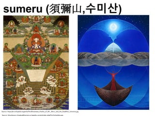 sumeru (須彌山,수미산)
Source: https://en.wikipedia.org/wiki/File:Bhutanese_thanka_of_Mt._Meru_and_the_Buddhist_Universe.jpg
Source: http://www.chinabuddhismencyclopedia.com/en/index.php/File:Kailashbig.jpg
 