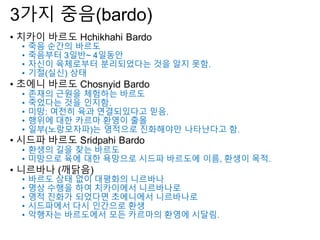 3가지 중음(bardo)
• 치카이 바르도 Hchikhahi Bardo
• 죽음 순간의 바르도
• 죽음부터 3일반~ 4일동안
• 자신이 육체로부터 분리되었다는 것을 알지 못함.
• 기절(실신) 상태
• 초에니 바르도 Chosnyid Bardo
• 존재의 근원을 체험하는 바르도
• 죽었다는 것을 인지함.
• 미망: 여전히 육과 연결되있다고 믿음.
• 행위에 대한 카르마 환영이 출몰
• 일부(노랑모자파)는 영적으로 진화해야만 나타난다고 함.
• 시드파 바르도 Sridpahi Bardo
• 환생의 길을 찾는 바르도
• 미망으로 육에 대한 욕망으로 시드파 바르도에 이름, 환생이 목적.
• 니르바나 (깨닭음)
• 바르도 상태 없이 대평화의 니르바나
• 명상 수행을 하여 치카이에서 니르바나로
• 영적 진화가 되었다면 초에니에서 니르바나로
• 시드파에서 다시 인간으로 환생
• 악행자는 바르도에서 모든 카르마의 환영에 시달림.
 