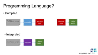 Programming Language?
• Compiled
int main(){
printf(“Hello, World”);
} Compiler
Machine
code
print(“Hello, world”)
Interpreter
“Hello,
world”
Machine
code
“Hello,
world”
#CodeMeshLDN
• Interpreted
 