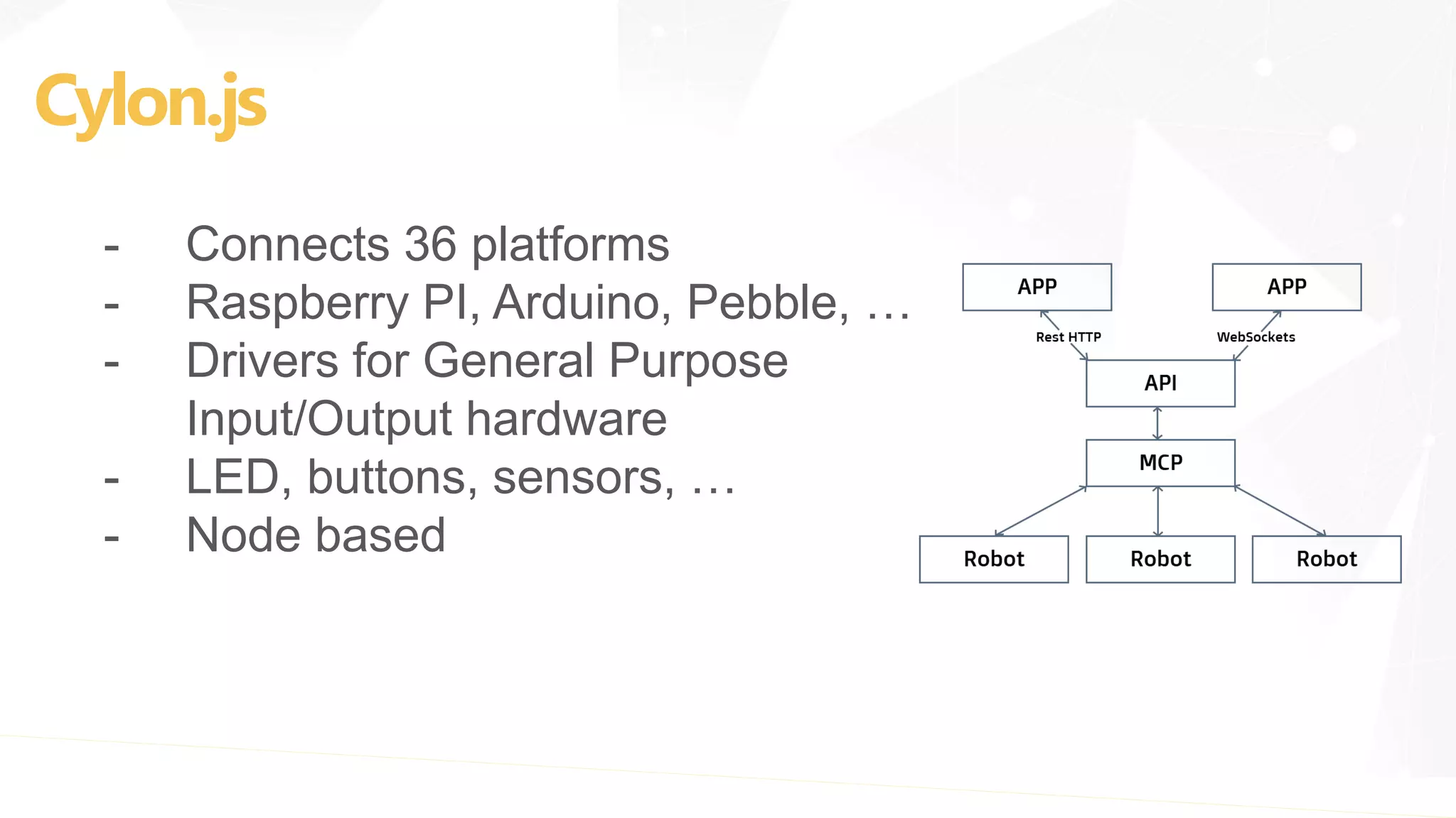 Cylon.js
- Connects 36 platforms
- Raspberry PI, Arduino, Pebble, …
- Drivers for General Purpose
Input/Output hardware
- LED, buttons, sensors, …
- Node based
 