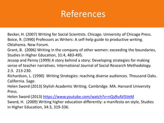 Becker, H. (2007) Writing for Social Scientists. Chicago. University of Chicago Press.
Boice, R. (1990) Professors as Writers: A self-help guide to productive writing.
Oklahoma. New Forum.
Grant, B. (2006) Writing in the company of other women: exceeding the boundaries,
Studies in Higher Education, 31:4, 483-495.
Jessop and Penny (1999) A story behind a story: Developing strategies for making
sense of teacher narratives. International Journal of Social Research Methodology.
2:3. 213-230.
Richardson, L. (1990) Writing Strategies: reaching diverse audiences. Thousand Oaks.
California. Sage.
Helen Sword (2013) Stylish Academic Writing. Cambridge. MA. Harvard University
Press.
Helen Sword (2013) https://www.youtube.com/watch?v=nQsRvAVSVeM
Sword, H. (2009) Writing higher education differently: a manifesto on style, Studies
in Higher Education, 34:3, 319-336.
References
 