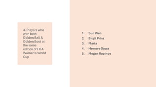 4. Players who
won both
Golden Ball &
Golden Boot at
the same
edition of FIFA
Women’s World
Cup
1. Sun Wen
2. Birgit Prinz
3. Marta
4. Homare Sawa
5. Megan Rapinoe
 