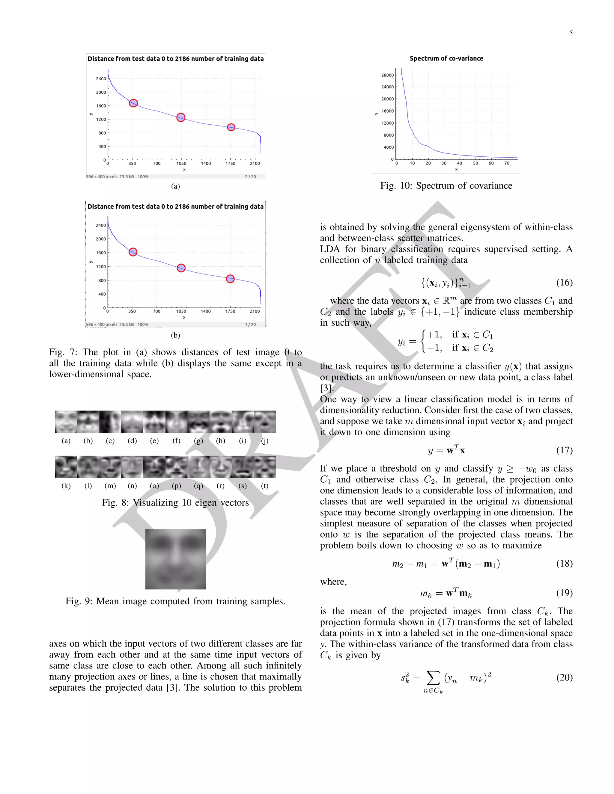 D
RA
FT
(a)
(b)
Fig. 7. The plot in (a) shows distances of test image 0 to
all the training data while (b) displays the same except in a
lower-dimensional space.
the distances in descending order as shown in ﬁgure 7a. Fur-
thermore, we projected all training and test data onto a sub-
space spanned by k = 20 eigenvectors vi. Later, we com-
puted and plotted the euclidean distances (in descending or-
der) of same test vectors to all the training vectors in this
lower dimensional space or subspace as shown in ﬁgure 7b.
5. THEORETICAL BACKGROUND FOR LINEAR
DISCRIMINANT ANALYSIS
In the previous section 4, a projection method for dimension-
ality reduction, PCA, was discussed. PCA is a general method
for identifying the linear directions in which a set of vectors
(a) (b) (c) (d) (e) (f) (g) (h) (i) (j)
(k) (l) (m) (n) (o) (p) (q) (r) (s) (t)
Fig. 8. Visualizing 20 eigen vectors
Fig. 9. Mean image computed from training samples.
Fig. 10. Spectrum of covariance
are best represented, allowing a dimension reduced by choos-
ing the directions of largest variance.
As we have seen in the previous section, dimensionality re-
duction depends on linear methods such as PCA, which ﬁnds
the directions of maximal variance in high dimensional data.
By selecting only those axes that have the largest variance,
PCA aims to capture the directions that contain most infor-
mation about the training image vectors, so we can express as
much as possible with a minimal number of dimensions. PCA
gives out components that well describe this pattern, however,
the question remains whether those components are necessar-
ily good for distinguishing between classes. This question
arises during the recognition role of the system. For address-
ing this problem, we need discriminative features instead of
descriptive features. This claim can be supported by allowing
a supervised learning setting, that is, using labeled training
image patches. Furthermore, an additional question arises on
the deﬁnition of discriminant and separability of classes.
Fisher’s linear discriminant analysis or LDA is used to ﬁnd an
optimal linear projection W, that captures major difference
between classes, in other words, that maximizes the separa-
bility between two classes in a two class problem setting. In
the projected discriminative subspace, data are then clustered
[10]. Linear Discriminant Analysis or LDA searches for the
projection axes on which the input vectors of two different
classes are far away from each other and at the same time in-
put vectors of same class are close to each other [10]. Among
all such inﬁnitely many projection axes or lines, a line is cho-
sen that maximally separates the projected data [11]. The
solution to this problem is obtained by solving the general
eigensystem of within-class and between-class scatter matri-
ces.
 