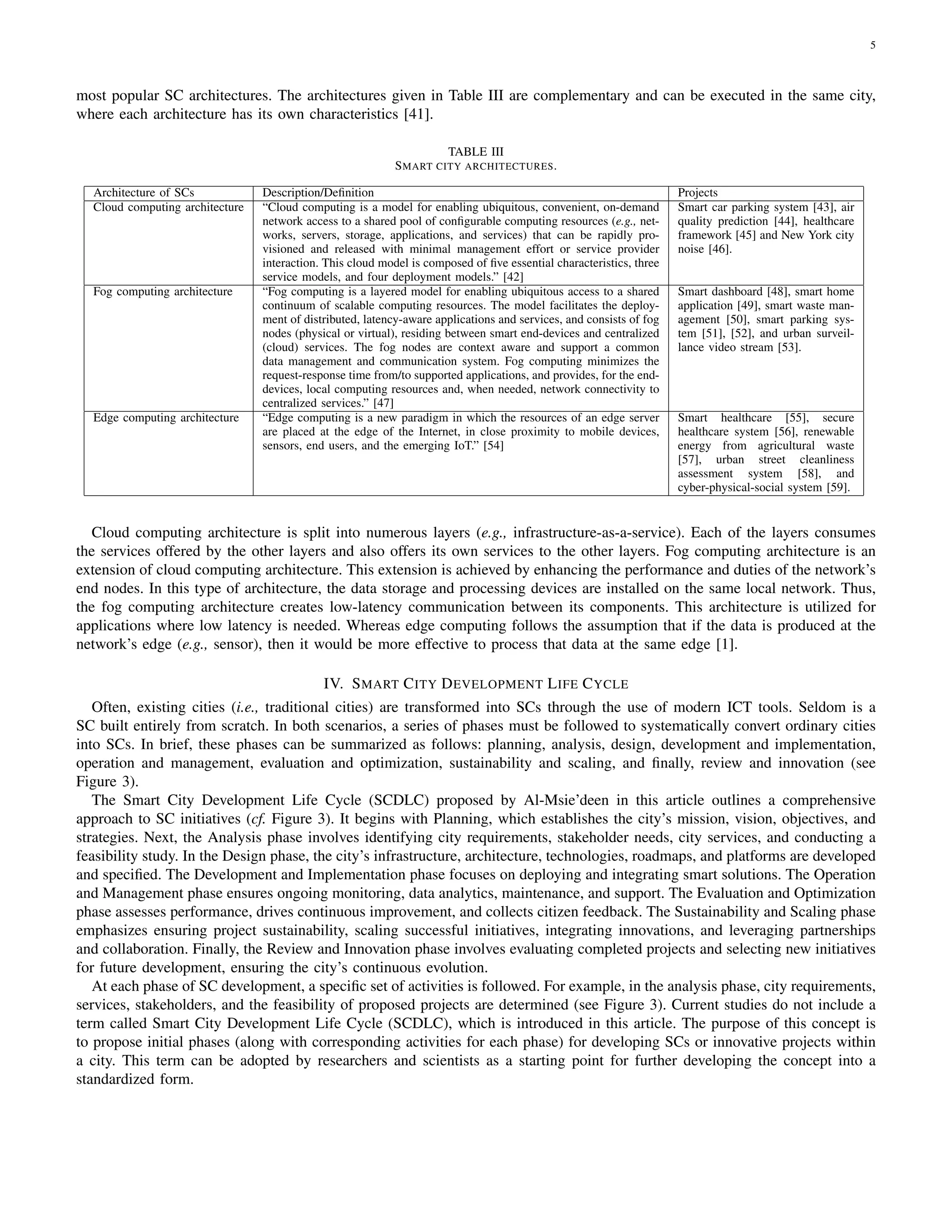 5
most popular SC architectures. The architectures given in Table III are complementary and can be executed in the same city,
where each architecture has its own characteristics [41].
TABLE III
SMART CITY ARCHITECTURES.
Architecture of SCs Description/Definition Projects
Cloud computing architecture “Cloud computing is a model for enabling ubiquitous, convenient, on-demand
network access to a shared pool of configurable computing resources (e.g., net-
works, servers, storage, applications, and services) that can be rapidly pro-
visioned and released with minimal management effort or service provider
interaction. This cloud model is composed of five essential characteristics, three
service models, and four deployment models.” [42]
Smart car parking system [43], air
quality prediction [44], healthcare
framework [45] and New York city
noise [46].
Fog computing architecture “Fog computing is a layered model for enabling ubiquitous access to a shared
continuum of scalable computing resources. The model facilitates the deploy-
ment of distributed, latency-aware applications and services, and consists of fog
nodes (physical or virtual), residing between smart end-devices and centralized
(cloud) services. The fog nodes are context aware and support a common
data management and communication system. Fog computing minimizes the
request-response time from/to supported applications, and provides, for the end-
devices, local computing resources and, when needed, network connectivity to
centralized services.” [47]
Smart dashboard [48], smart home
application [49], smart waste man-
agement [50], smart parking sys-
tem [51], [52], and urban surveil-
lance video stream [53].
Edge computing architecture “Edge computing is a new paradigm in which the resources of an edge server
are placed at the edge of the Internet, in close proximity to mobile devices,
sensors, end users, and the emerging IoT.” [54]
Smart healthcare [55], secure
healthcare system [56], renewable
energy from agricultural waste
[57], urban street cleanliness
assessment system [58], and
cyber-physical-social system [59].
Cloud computing architecture is split into numerous layers (e.g., infrastructure-as-a-service). Each of the layers consumes
the services offered by the other layers and also offers its own services to the other layers. Fog computing architecture is an
extension of cloud computing architecture. This extension is achieved by enhancing the performance and duties of the network’s
end nodes. In this type of architecture, the data storage and processing devices are installed on the same local network. Thus,
the fog computing architecture creates low-latency communication between its components. This architecture is utilized for
applications where low latency is needed. Whereas edge computing follows the assumption that if the data is produced at the
network’s edge (e.g., sensor), then it would be more effective to process that data at the same edge [1].
IV. SMART CITY DEVELOPMENT LIFE CYCLE
Often, existing cities (i.e., traditional cities) are transformed into SCs through the use of modern ICT tools. Seldom is a
SC built entirely from scratch. In both scenarios, a series of phases must be followed to systematically convert ordinary cities
into SCs. In brief, these phases can be summarized as follows: planning, analysis, design, development and implementation,
operation and management, evaluation and optimization, sustainability and scaling, and finally, review and innovation (see
Figure 3).
The Smart City Development Life Cycle (SCDLC) proposed by Al-Msie’deen in this article outlines a comprehensive
approach to SC initiatives (cf. Figure 3). It begins with Planning, which establishes the city’s mission, vision, objectives, and
strategies. Next, the Analysis phase involves identifying city requirements, stakeholder needs, city services, and conducting a
feasibility study. In the Design phase, the city’s infrastructure, architecture, technologies, roadmaps, and platforms are developed
and specified. The Development and Implementation phase focuses on deploying and integrating smart solutions. The Operation
and Management phase ensures ongoing monitoring, data analytics, maintenance, and support. The Evaluation and Optimization
phase assesses performance, drives continuous improvement, and collects citizen feedback. The Sustainability and Scaling phase
emphasizes ensuring project sustainability, scaling successful initiatives, integrating innovations, and leveraging partnerships
and collaboration. Finally, the Review and Innovation phase involves evaluating completed projects and selecting new initiatives
for future development, ensuring the city’s continuous evolution.
At each phase of SC development, a specific set of activities is followed. For example, in the analysis phase, city requirements,
services, stakeholders, and the feasibility of proposed projects are determined (see Figure 3). Current studies do not include a
term called Smart City Development Life Cycle (SCDLC), which is introduced in this article. The purpose of this concept is
to propose initial phases (along with corresponding activities for each phase) for developing SCs or innovative projects within
a city. This term can be adopted by researchers and scientists as a starting point for further developing the concept into a
standardized form.
 