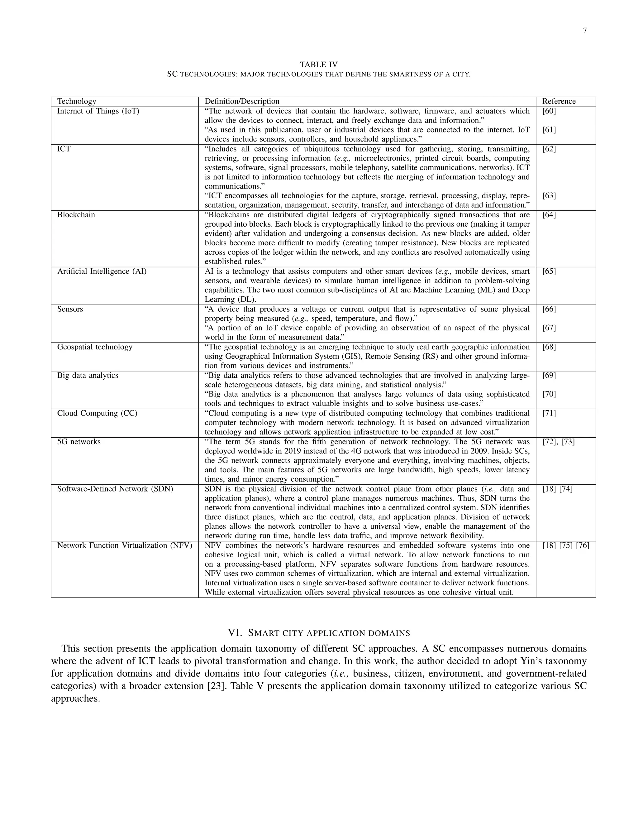 7
TABLE IV
SC TECHNOLOGIES: MAJOR TECHNOLOGIES THAT DEFINE THE SMARTNESS OF A CITY.
Technology Definition/Description Reference
Internet of Things (IoT) “The network of devices that contain the hardware, software, firmware, and actuators which
allow the devices to connect, interact, and freely exchange data and information.”
[60]
“As used in this publication, user or industrial devices that are connected to the internet. IoT
devices include sensors, controllers, and household appliances.”
[61]
ICT “Includes all categories of ubiquitous technology used for gathering, storing, transmitting,
retrieving, or processing information (e.g., microelectronics, printed circuit boards, computing
systems, software, signal processors, mobile telephony, satellite communications, networks). ICT
is not limited to information technology but reflects the merging of information technology and
communications.”
[62]
“ICT encompasses all technologies for the capture, storage, retrieval, processing, display, repre-
sentation, organization, management, security, transfer, and interchange of data and information.”
[63]
Blockchain “Blockchains are distributed digital ledgers of cryptographically signed transactions that are
grouped into blocks. Each block is cryptographically linked to the previous one (making it tamper
evident) after validation and undergoing a consensus decision. As new blocks are added, older
blocks become more difficult to modify (creating tamper resistance). New blocks are replicated
across copies of the ledger within the network, and any conflicts are resolved automatically using
established rules.”
[64]
Artificial Intelligence (AI) AI is a technology that assists computers and other smart devices (e.g., mobile devices, smart
sensors, and wearable devices) to simulate human intelligence in addition to problem-solving
capabilities. The two most common sub-disciplines of AI are Machine Learning (ML) and Deep
Learning (DL).
[65]
Sensors “A device that produces a voltage or current output that is representative of some physical
property being measured (e.g., speed, temperature, and flow).”
[66]
“A portion of an IoT device capable of providing an observation of an aspect of the physical
world in the form of measurement data.”
[67]
Geospatial technology “The geospatial technology is an emerging technique to study real earth geographic information
using Geographical Information System (GIS), Remote Sensing (RS) and other ground informa-
tion from various devices and instruments.”
[68]
Big data analytics “Big data analytics refers to those advanced technologies that are involved in analyzing large-
scale heterogeneous datasets, big data mining, and statistical analysis.”
[69]
“Big data analytics is a phenomenon that analyses large volumes of data using sophisticated
tools and techniques to extract valuable insights and to solve business use-cases.”
[70]
Cloud Computing (CC) “Cloud computing is a new type of distributed computing technology that combines traditional
computer technology with modern network technology. It is based on advanced virtualization
technology and allows network application infrastructure to be expanded at low cost.”
[71]
5G networks “The term 5G stands for the fifth generation of network technology. The 5G network was
deployed worldwide in 2019 instead of the 4G network that was introduced in 2009. Inside SCs,
the 5G network connects approximately everyone and everything, involving machines, objects,
and tools. The main features of 5G networks are large bandwidth, high speeds, lower latency
times, and minor energy consumption.”
[72], [73]
Software-Defined Network (SDN) SDN is the physical division of the network control plane from other planes (i.e., data and
application planes), where a control plane manages numerous machines. Thus, SDN turns the
network from conventional individual machines into a centralized control system. SDN identifies
three distinct planes, which are the control, data, and application planes. Division of network
planes allows the network controller to have a universal view, enable the management of the
network during run time, handle less data traffic, and improve network flexibility.
[18] [74]
Network Function Virtualization (NFV) NFV combines the network’s hardware resources and embedded software systems into one
cohesive logical unit, which is called a virtual network. To allow network functions to run
on a processing-based platform, NFV separates software functions from hardware resources.
NFV uses two common schemes of virtualization, which are internal and external virtualization.
Internal virtualization uses a single server-based software container to deliver network functions.
While external virtualization offers several physical resources as one cohesive virtual unit.
[18] [75] [76]
VI. SMART CITY APPLICATION DOMAINS
This section presents the application domain taxonomy of different SC approaches. A SC encompasses numerous domains
where the advent of ICT leads to pivotal transformation and change. In this work, the author decided to adopt Yin’s taxonomy
for application domains and divide domains into four categories (i.e., business, citizen, environment, and government-related
categories) with a broader extension [23]. Table V presents the application domain taxonomy utilized to categorize various SC
approaches.
 