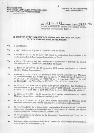 .,
f 'MINISTERE D~ETAT,
MINISTERE DE L'EMPLOI, DES AFFAIRES SOCIALES
ET DE LA FORMATION PROFESSIONNELLE
REPUBLIQUE DE COTE D'IVOIRE
Un ion-D iscipl ine-Trava il
ARREJ ~,1 5 - B 5/~EMEASFP/~AB dU ...3o..D.EC 2015
portant application du barème des salaires minima
catégoriels conventionnels de 2015
LE MINISTRE D'ETAT, MINISTRE DE L'EMPLOI, DES AFFAIRES SOCIALES
ET DE LA FORMATION PROFESSIONNELLE
Vu
Vu
Vu
Vu
Vu
Vu
Vu
Vu
Vu
Vu
Vu
Vu
la Constitution;
la loi n' 2015-532 du 20 juillet 2015 portant Code du Travail;
le décret n° 65-131 du 02 avril 1965, fixant les attributions, l'organisation et le
fonctionnement de la Commission Consultative du Travail;
le décret n° 95 -542 du 14 juillet 1995 relatif à la composition et à la durée du mandat
des Membres de la Commission Consultative du Travail;
le décret n° 2012-1118 du 21 novembre 2012 portant nomination du Premier
Ministre, Chef du Gouvernement;
le décret n° 2012-1119 du 22 novembre 2012 portant nomination des Membres
du Gouvernement tel que modifié par les décrets n° 2013-505 du 25 Juillet 2013,
n° 2013-784, n° 2013-785, n° 2013-786 du 19 novembre 2013, n° 2014-89
du 12 mars 2014 et n° 2015-334, n° 2015-335, n° 2015-336 du 13 mai 2015;
le décret n° 2013-506 du 25 juillet 2013 portant attributions des Membres du
Gouvernement, tel que modifié par les décrets n° 2013-802 du 21 novembre 2013,
n° 2015-445, n° 2015-446; n° 2015-447, n° 2015-448, n° 2015-449 du 24 juin 2015;
le décret n° 2013-791 du 20 novembre 2013 portant revalorisation du Salaire
Minimum Interprofessionnel Garanti, en abrégé SMIG;
le décret n° 2014-320 du 04 juin 2014 portant organisation .du Ministère ,d'Etat,
Ministère de l'Emploi, des Affaires Sociales et de la Formation Professionnelle;
la recommandation de la. Commission Indépendante Permanente de Concertation
relative aux négociations de branches sur la revalorisation du barème des salaires
minima catégoriels conventionnels du 06 mars 2015;
le procès-verbal de la séance de la Commission Consultative du Travail du 18
novembre 2015 ;
les observations complémentaires de la Commission Indépendante Permanente de
Concertation du 26 novembre 2015,
 