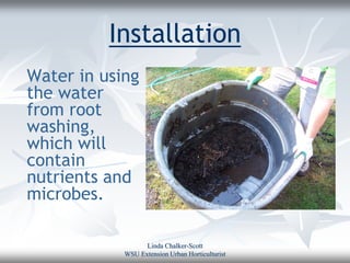 Installation
Water in using
the water
from root
washing,
which will
contain
nutrients and
microbes.

                  Linda Chalker-Scott
            WSU Extension Urban Horticulturist
 