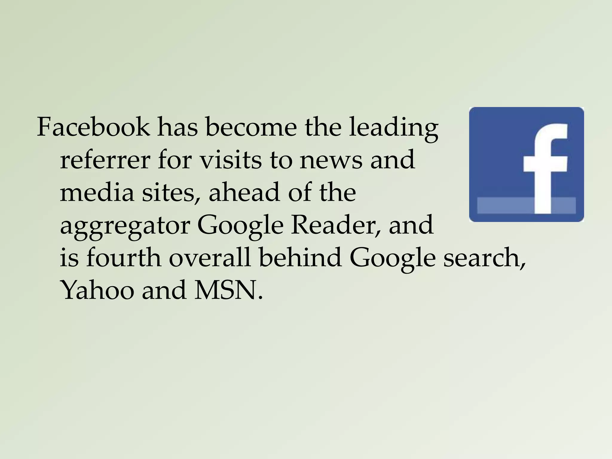 Facebook has become the leading
referrer for visits to news and
media sites, ahead of the
aggregator Google Reader, and
is fourth overall behind Google search,
Yahoo and MSN.