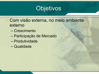 Objetivos Com visão externa, no meio ambiente externo Crescimento Participação de Mercado Produtividade Qualidade 