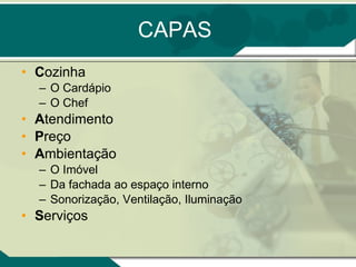 CAPAS C ozinha O Cardápio O Chef A tendimento P reço A mbientação O Imóvel Da fachada ao espaço interno Sonorização, Ventilação, Iluminação S erviços 