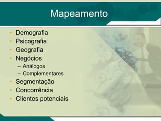 Mapeamento Demografia Psicografia Geografia Negócios Análogos Complementares Segmentação Concorrência Clientes potenciais 