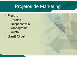 Projetos de Marketing Projeto Tarefas Responsáveis Cronograma Custo Gantt Chart 