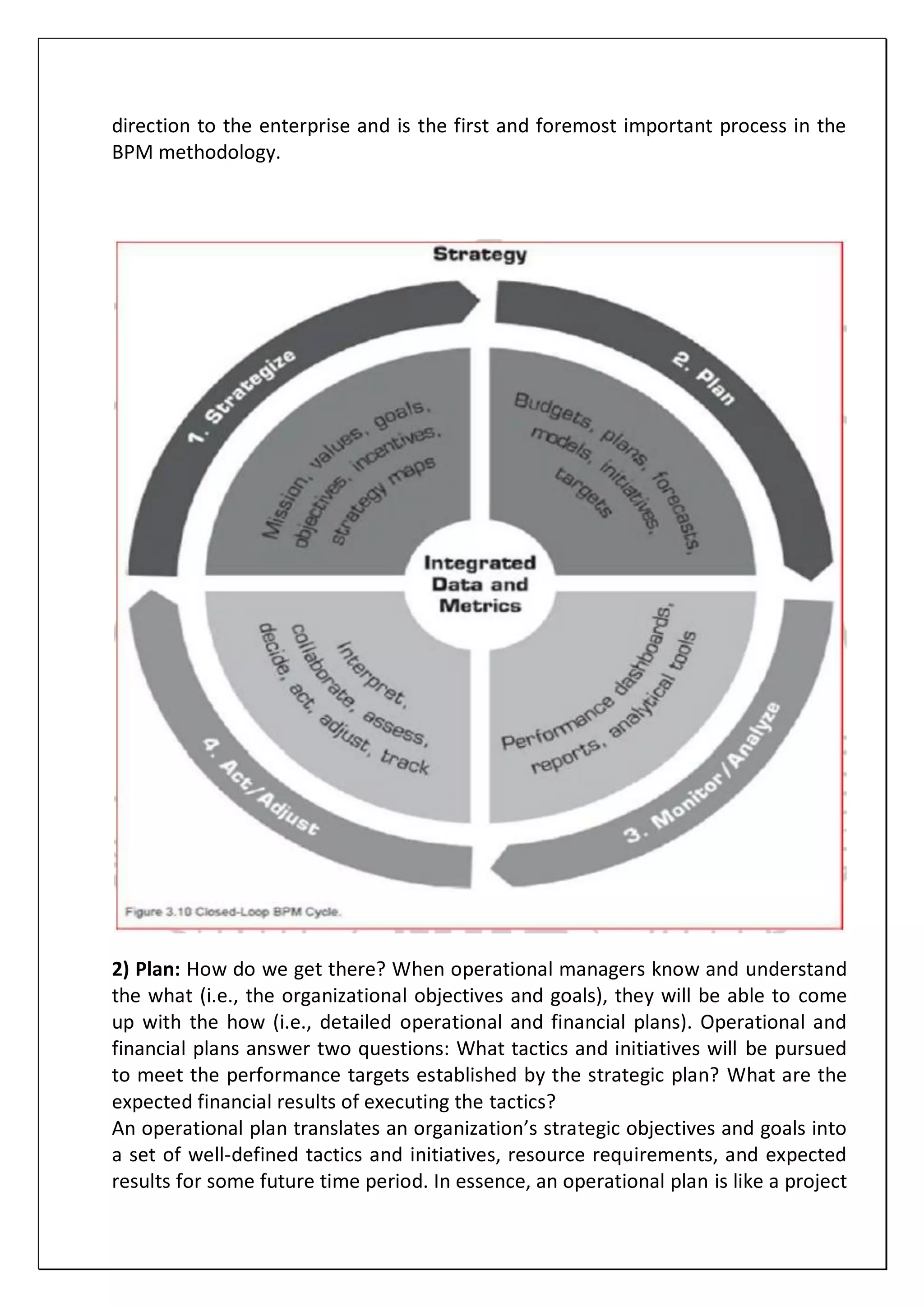 direction to the enterprise and is the first and foremost important process in the
BPM methodology.
2) Plan: How do we get there? When operational managers know and understand
the what (i.e., the organizational objectives and goals), they will be able to come
up with the how (i.e., detailed operational and financial plans). Operational and
financial plans answer two questions: What tactics and initiatives will be pursued
to meet the performance targets established by the strategic plan? What are the
expected financial results of executing the tactics?
An operational plan translates an organization’s strategic objectives and goals into
a set of well-defined tactics and initiatives, resource requirements, and expected
results for some future time period. In essence, an operational plan is like a project
 