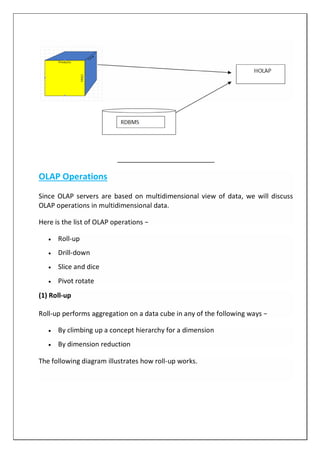 __________________________
OLAP Operations
Since OLAP servers are based on multidimensional view of data, we will discuss
OLAP operations in multidimensional data.
Here is the list of OLAP operations −
 Roll-up
 Drill-down
 Slice and dice
 Pivot rotate
(1) Roll-up
Roll-up performs aggregation on a data cube in any of the following ways −
 By climbing up a concept hierarchy for a dimension
 By dimension reduction
The following diagram illustrates how roll-up works.
 