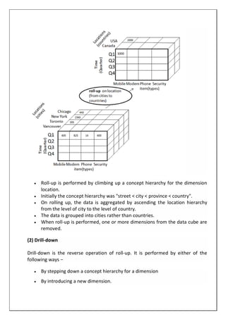  Roll-up is performed by climbing up a concept hierarchy for the dimension
location.
 Initially the concept hierarchy was "street < city < province < country".
 On rolling up, the data is aggregated by ascending the location hierarchy
from the level of city to the level of country.
 The data is grouped into cities rather than countries.
 When roll-up is performed, one or more dimensions from the data cube are
removed.
(2) Drill-down
Drill-down is the reverse operation of roll-up. It is performed by either of the
following ways −
 By stepping down a concept hierarchy for a dimension
 By introducing a new dimension.
 