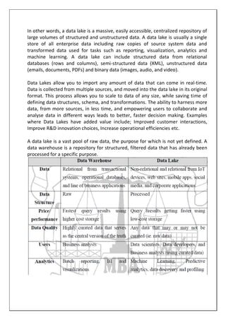 In other words, a data lake is a massive, easily accessible, centralized repository of
large volumes of structured and unstructured data. A data lake is usually a single
store of all enterprise data including raw copies of source system data and
transformed data used for tasks such as reporting, visualization, analytics and
machine learning. A data lake can include structured data from relational
databases (rows and columns), semi-structured data (XML), unstructured data
(emails, documents, PDFs) and binary data (images, audio, and video).
Data Lakes allow you to import any amount of data that can come in real-time.
Data is collected from multiple sources, and moved into the data lake in its original
format. This process allows you to scale to data of any size, while saving time of
defining data structures, schema, and transformations. The ability to harness more
data, from more sources, in less time, and empowering users to collaborate and
analyse data in different ways leads to better, faster decision making. Examples
where Data Lakes have added value include; Improved customer interactions,
Improve R&D innovation choices, Increase operational efficiencies etc.
A data lake is a vast pool of raw data, the purpose for which is not yet defined. A
data warehouse is a repository for structured, filtered data that has already been
processed for a specific purpose.
 