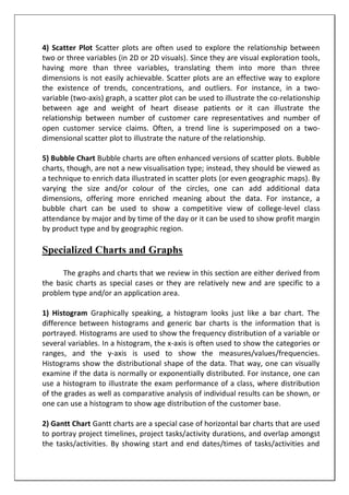 4) Scatter Plot Scatter plots are often used to explore the relationship between
two or three variables (in 2D or 2D visuals). Since they are visual exploration tools,
having more than three variables, translating them into more than three
dimensions is not easily achievable. Scatter plots are an effective way to explore
the existence of trends, concentrations, and outliers. For instance, in a two-
variable (two-axis) graph, a scatter plot can be used to illustrate the co-relationship
between age and weight of heart disease patients or it can illustrate the
relationship between number of customer care representatives and number of
open customer service claims. Often, a trend line is superimposed on a two-
dimensional scatter plot to illustrate the nature of the relationship.
5) Bubble Chart Bubble charts are often enhanced versions of scatter plots. Bubble
charts, though, are not a new visualisation type; instead, they should be viewed as
a technique to enrich data illustrated in scatter plots (or even geographic maps). By
varying the size and/or colour of the circles, one can add additional data
dimensions, offering more enriched meaning about the data. For instance, a
bubble chart can be used to show a competitive view of college-level class
attendance by major and by time of the day or it can be used to show profit margin
by product type and by geographic region.
Specialized Charts and Graphs
The graphs and charts that we review in this section are either derived from
the basic charts as special cases or they are relatively new and are specific to a
problem type and/or an application area.
1) Histogram Graphically speaking, a histogram looks just like a bar chart. The
difference between histograms and generic bar charts is the information that is
portrayed. Histograms are used to show the frequency distribution of a variable or
several variables. In a histogram, the x-axis is often used to show the categories or
ranges, and the y-axis is used to show the measures/values/frequencies.
Histograms show the distributional shape of the data. That way, one can visually
examine if the data is normally or exponentially distributed. For instance, one can
use a histogram to illustrate the exam performance of a class, where distribution
of the grades as well as comparative analysis of individual results can be shown, or
one can use a histogram to show age distribution of the customer base.
2) Gantt Chart Gantt charts are a special case of horizontal bar charts that are used
to portray project timelines, project tasks/activity durations, and overlap amongst
the tasks/activities. By showing start and end dates/times of tasks/activities and
 