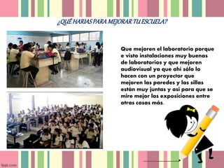 ¿QUÉHARIASPARAMEJORARTUESCUELA?
Que mejoren el laboratorio porque
e visto instalaciones muy buenas
de laboratorios y que mejoren
audiovisual ya que ahí sólo lo
hacen con un proyector que
mejoren las paredes y las sillas
están muy juntas y asi para que se
mire mejor las exposiciones entre
otras cosas más.
 