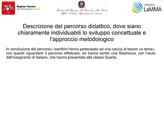 Descrizione del percorso didattico, dove siano
chiaramente individuabili lo sviluppo concettuale e
l’approccio metodologico
In conclusione del percorso i bambini hanno partecipato ad una caccia al tesoro «a tema»,
con quesiti riguardanti il percorso effettuato, ed hanno scritto una filastrocca, con l’aiuto
dell’insegnante di italiano, che hanno presentato alla classe Quarta.
 
